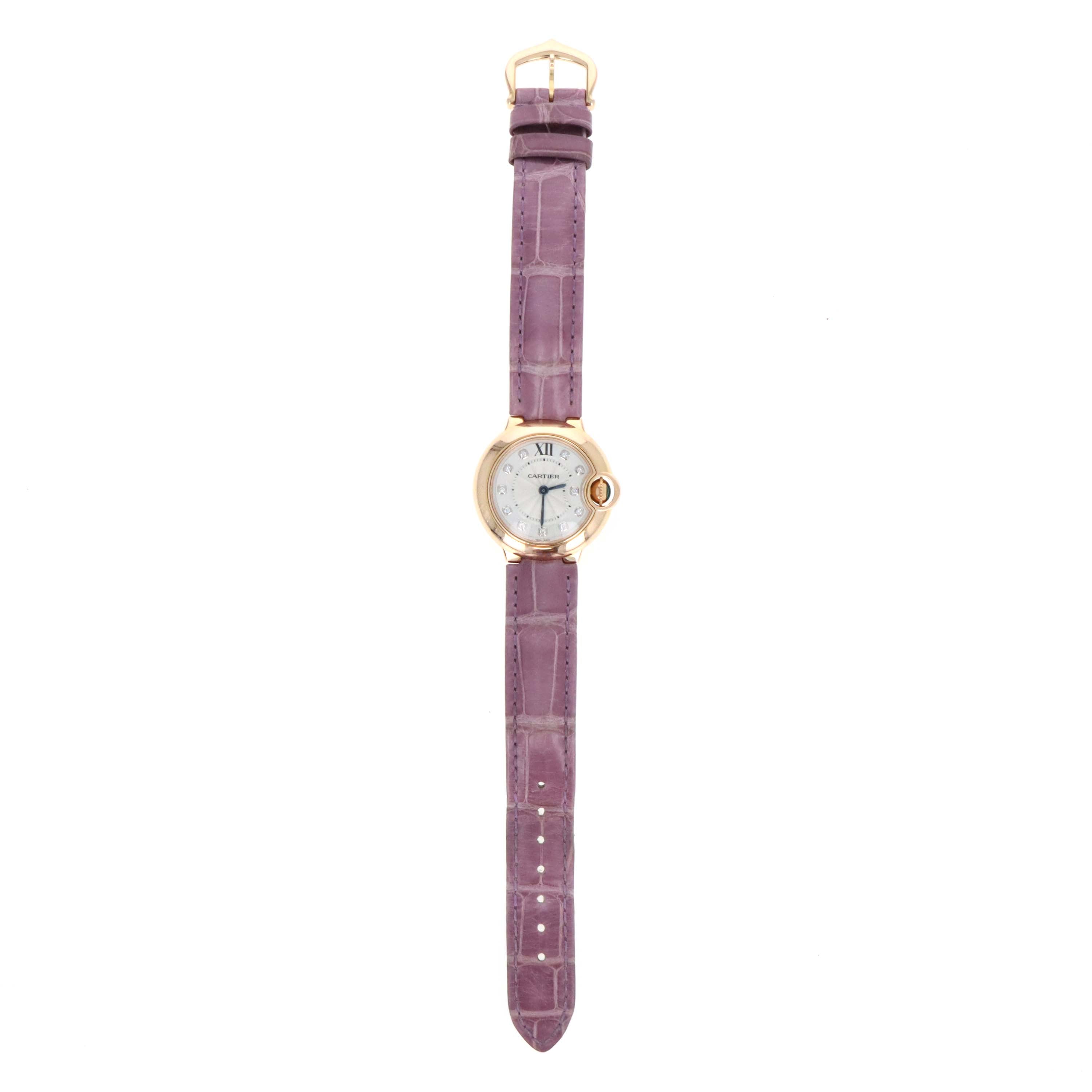 Cartier Ballon Bleu 28mm 18K Rose Gold Diamond Dial Ladies Watch With Purple Leather Strap Reference WE902050 - Replica Handbags