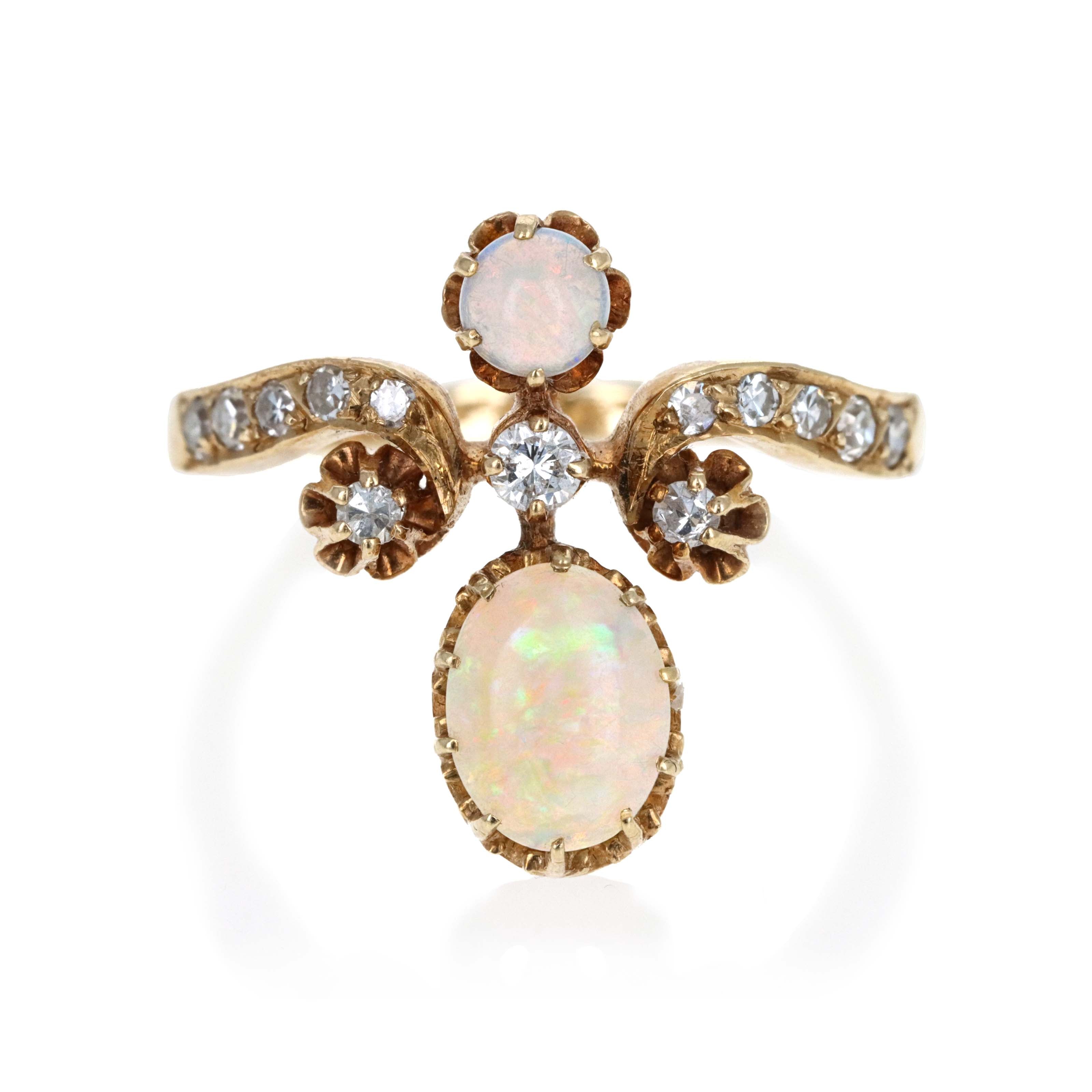 Victorian Inspired 14K Yellow Gold Opal Diamond Tiara Ring - Replica Handbags