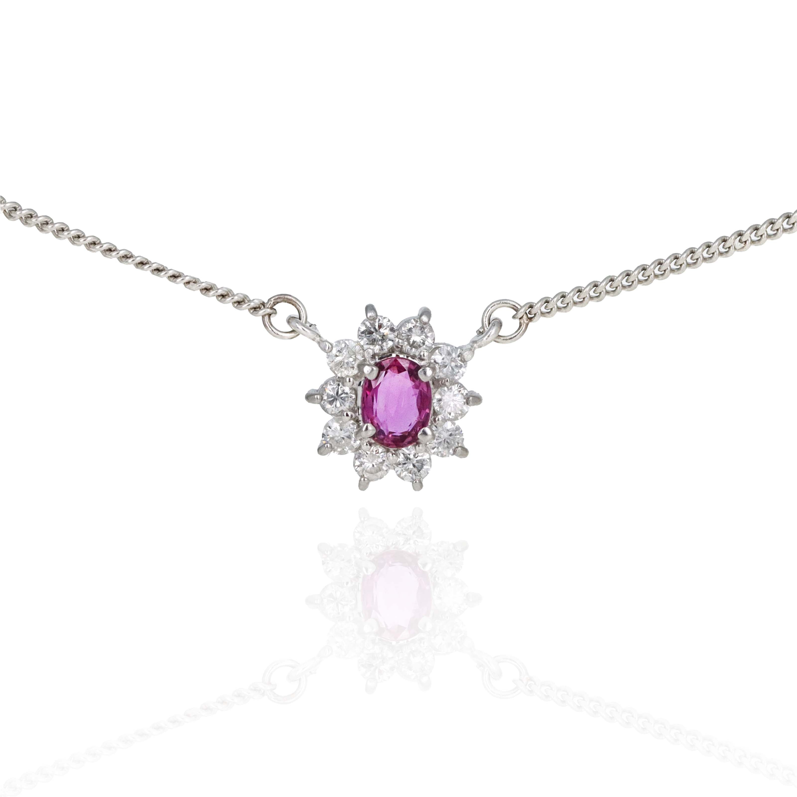 Platinum 0.34 Carat Oval Pink Sapphire Diamond Halo Pendant Necklace -  Replica Handbags 