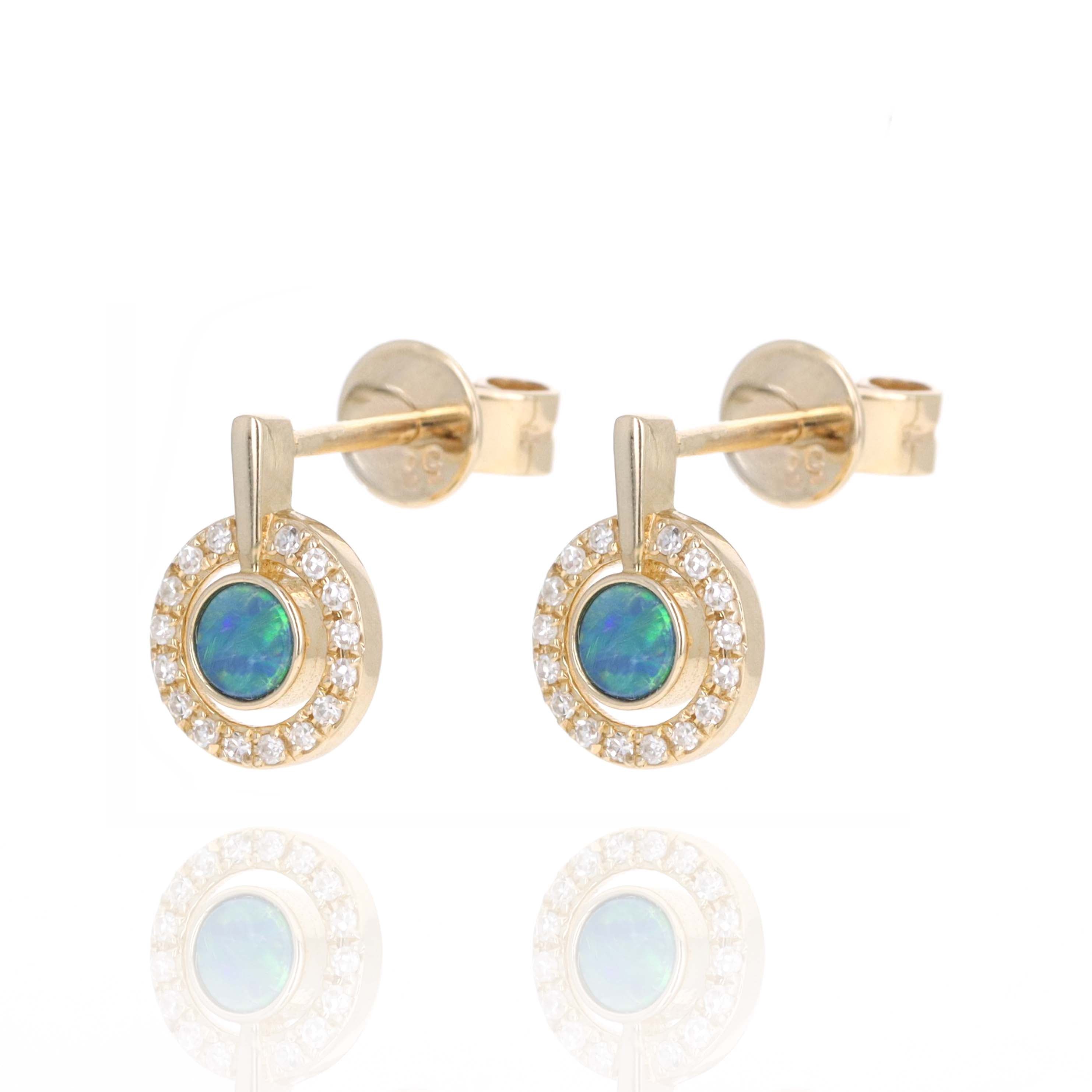 14K Yellow Gold 0.09 Carat Diamond Halo Opal Stud Earrings - Replica Handbags