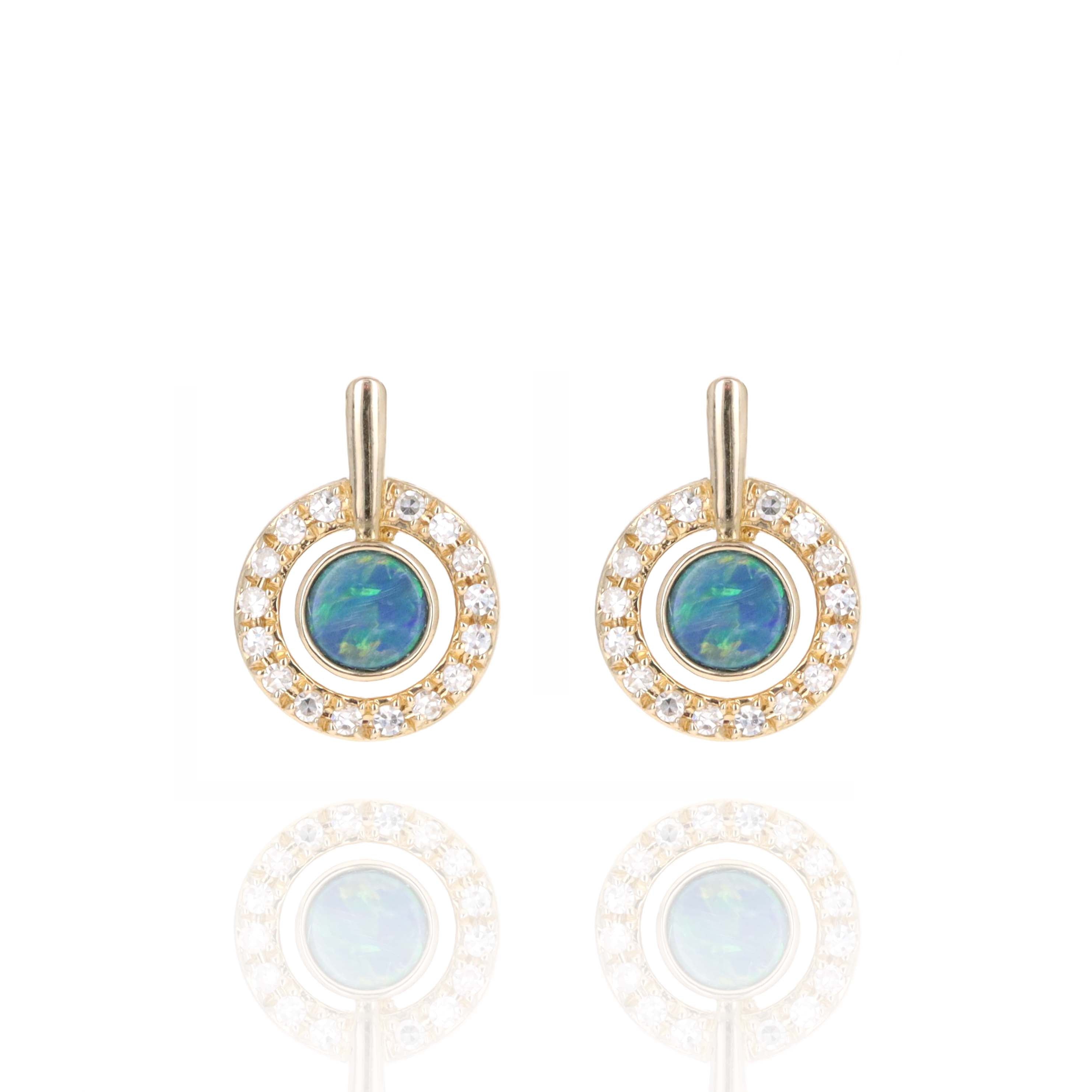 14K Yellow Gold 0.09 Carat Diamond Halo Opal Stud Earrings - Replica Handbags
