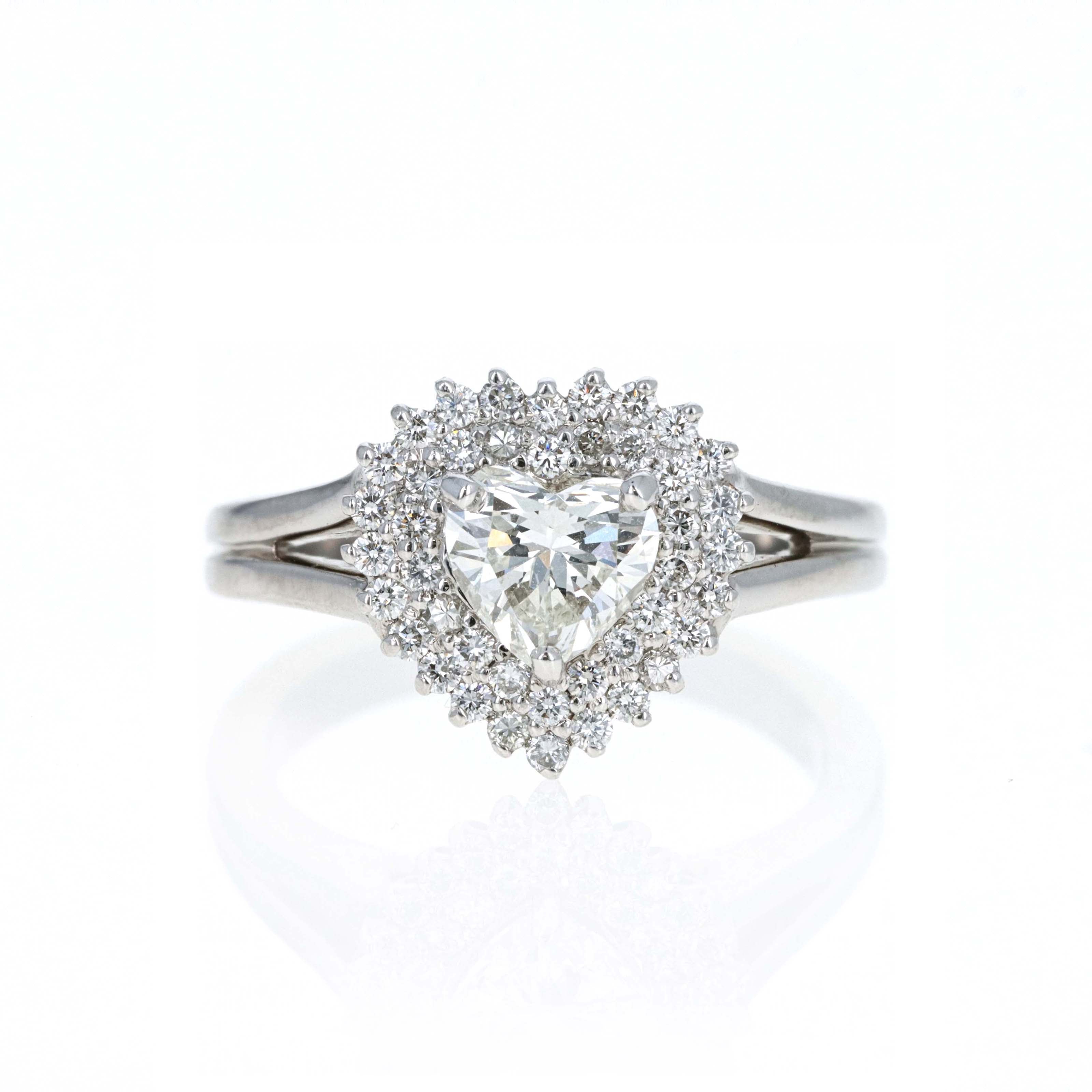 14K White Gold 0.80 Carat Heart Shape Diamond Halo Split Shank Ring - Replica Handbags