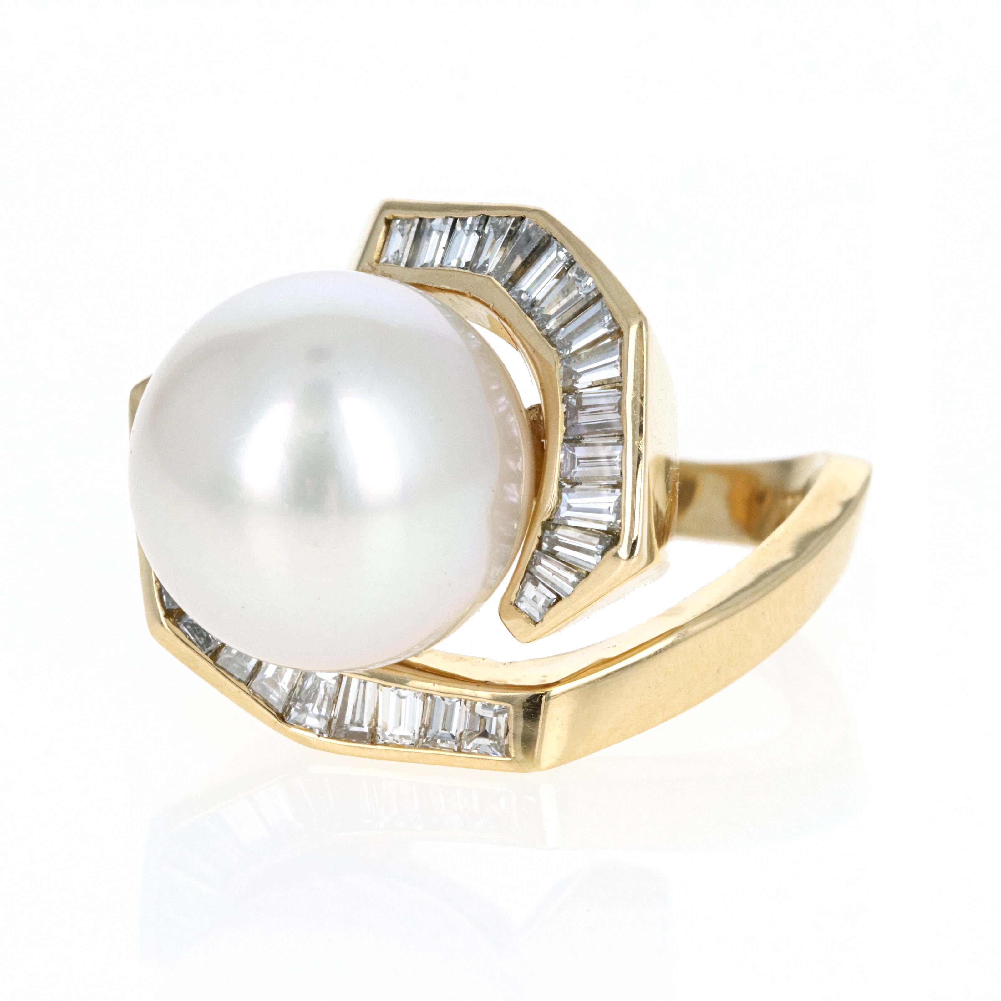 Vintage 18K Yellow Gold 14mm Pearl Diamond Swirl Ring -  Replica Handbags 