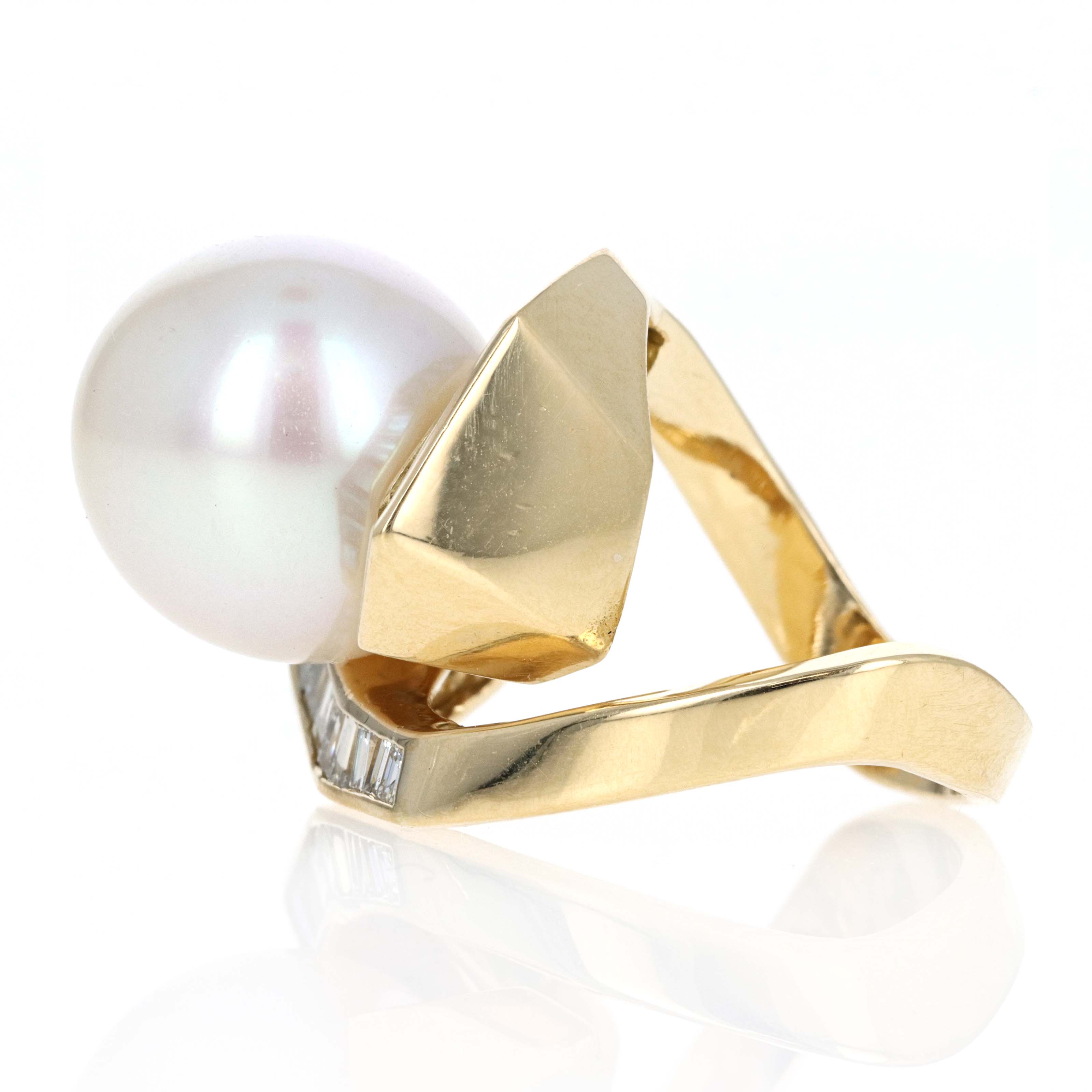 Vintage 18K Yellow Gold 14mm Pearl Diamond Swirl Ring - Replica Handbags