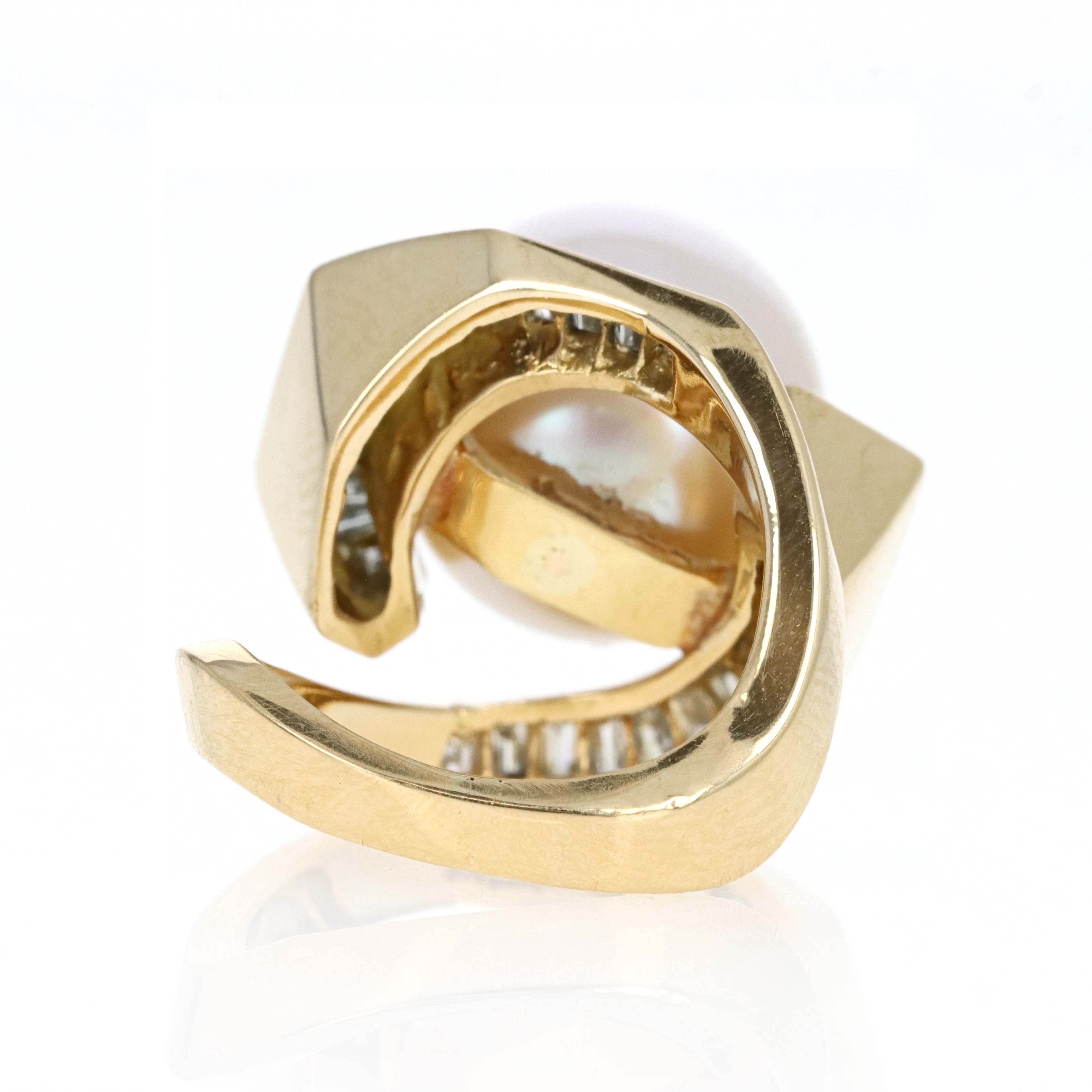 Vintage 18K Yellow Gold 14mm Pearl Diamond Swirl Ring - Replica Handbags