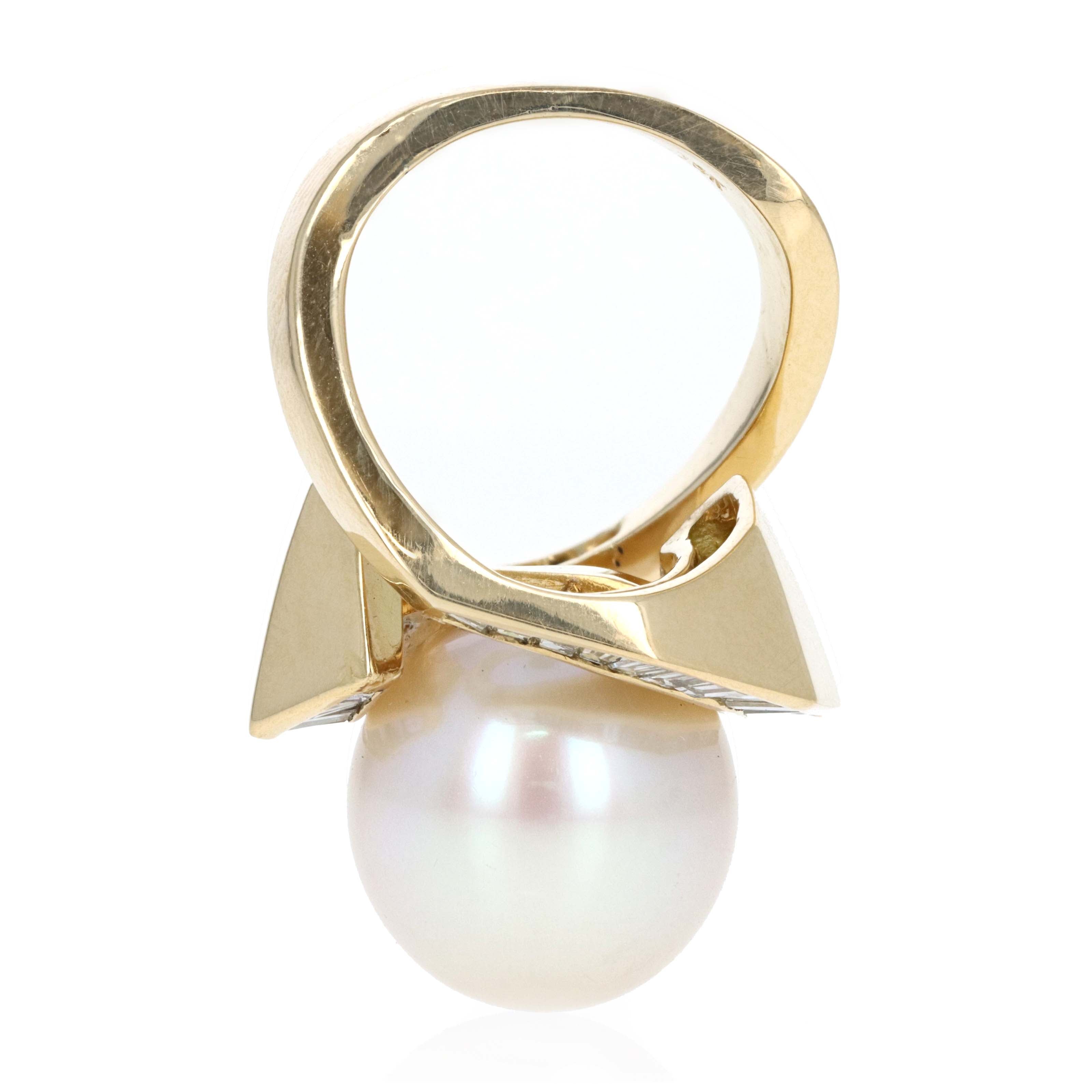 Vintage 18K Yellow Gold 14mm Pearl Diamond Swirl Ring -  Replica Handbags 