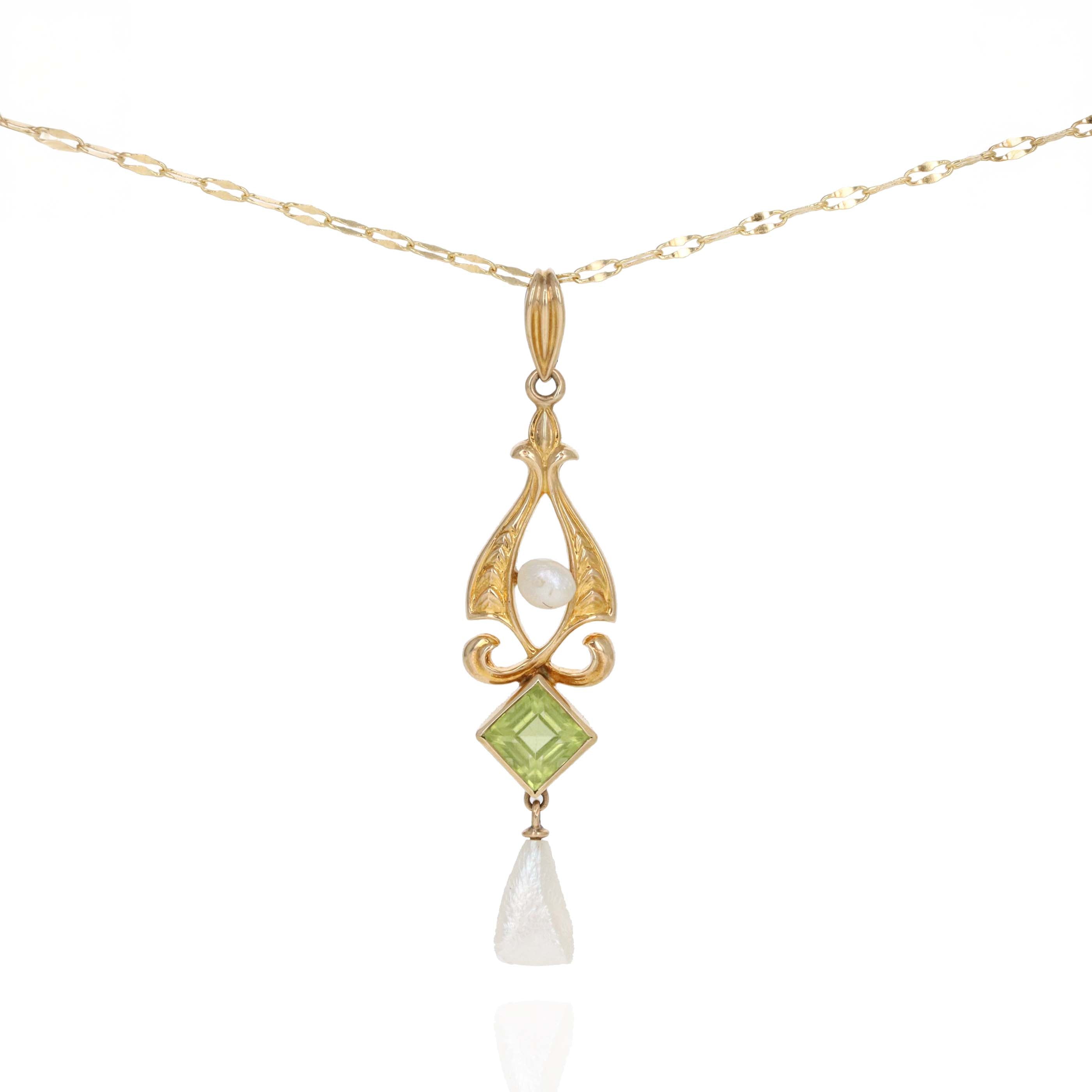 Art Nouveau 14K Yellow Gold Peridot Natural Pearl Pendant Necklace -  Replica Handbags 