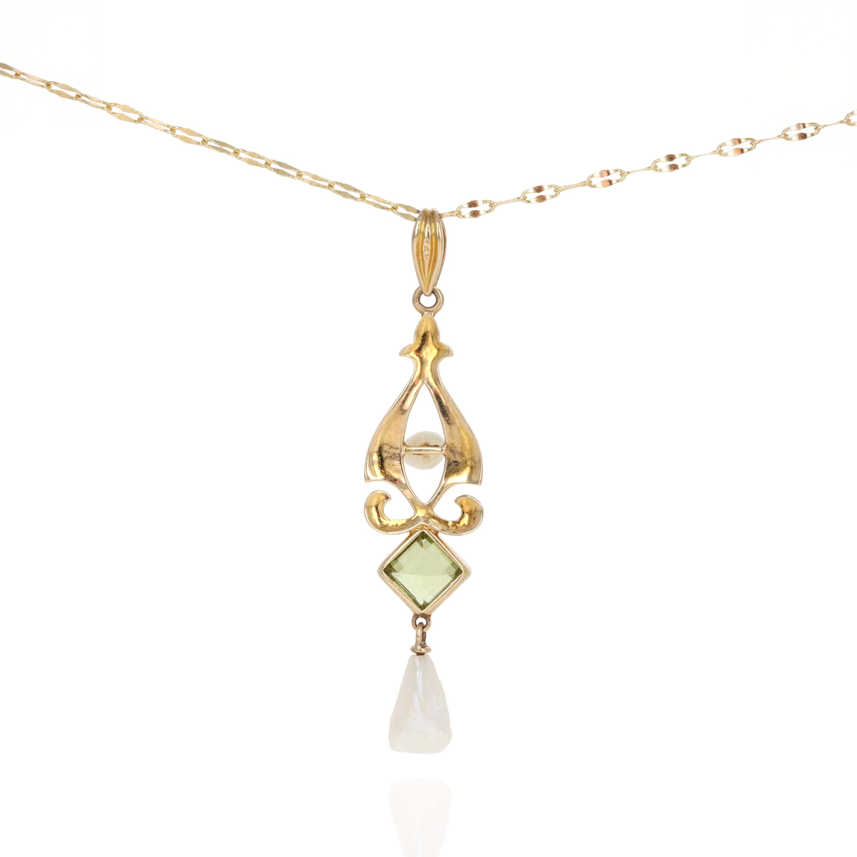 Art Nouveau 14K Yellow Gold Peridot Natural Pearl Pendant Necklace -  Replica Handbags 