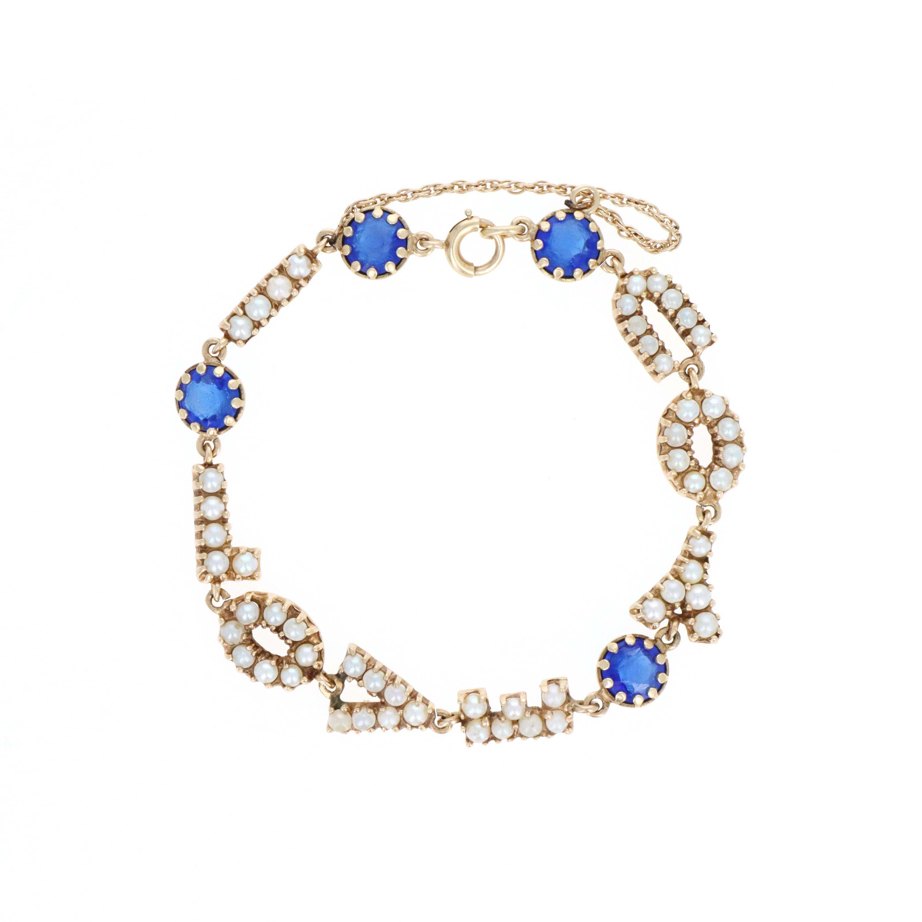 Vintage 14K Yellow Gold "I Love You" Bracelet with 2.8mm Pearls & Synthetic Bluestones