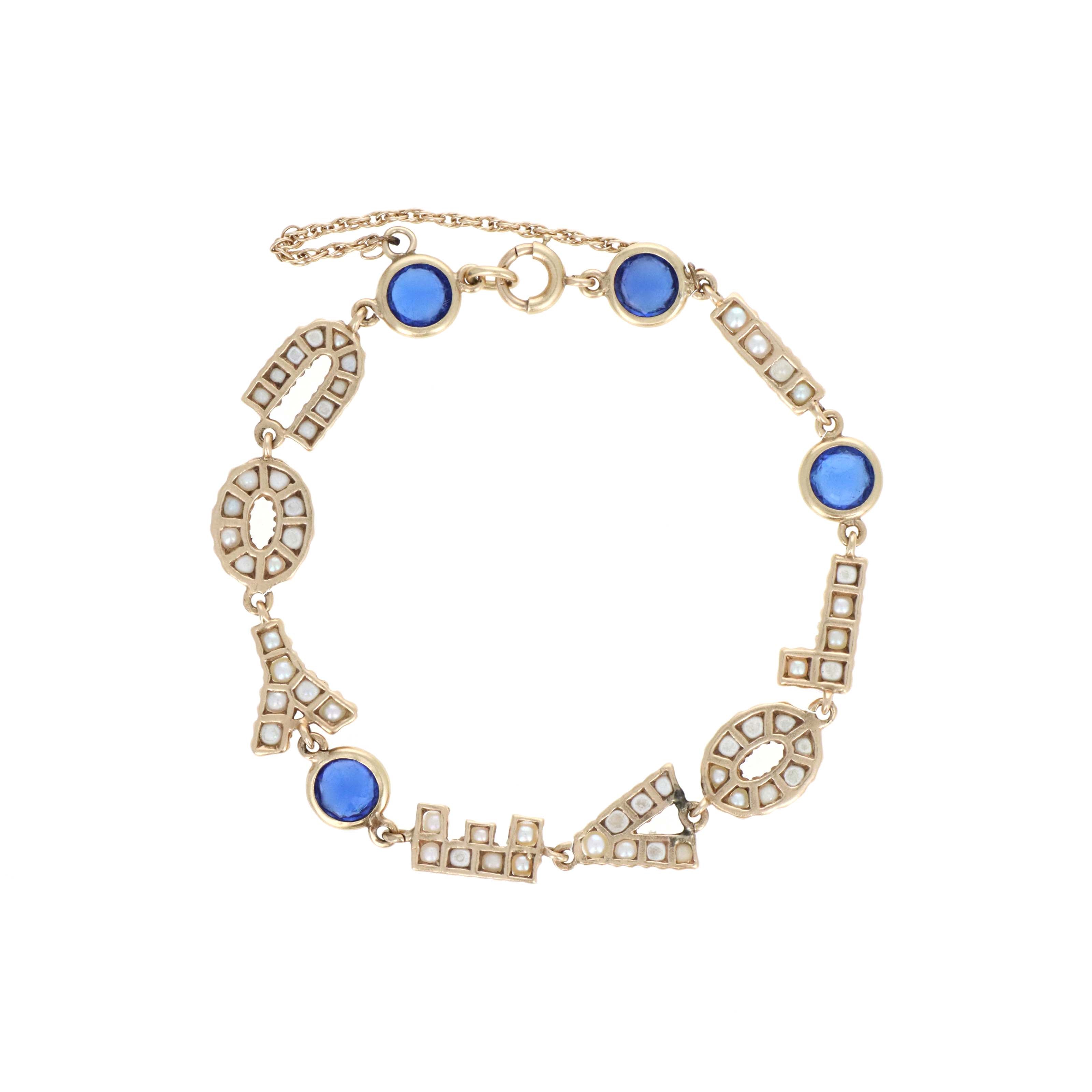 Vintage 14K Yellow Gold "I Love You" Bracelet with 2.8mm Pearls & Synthetic Bluestones
