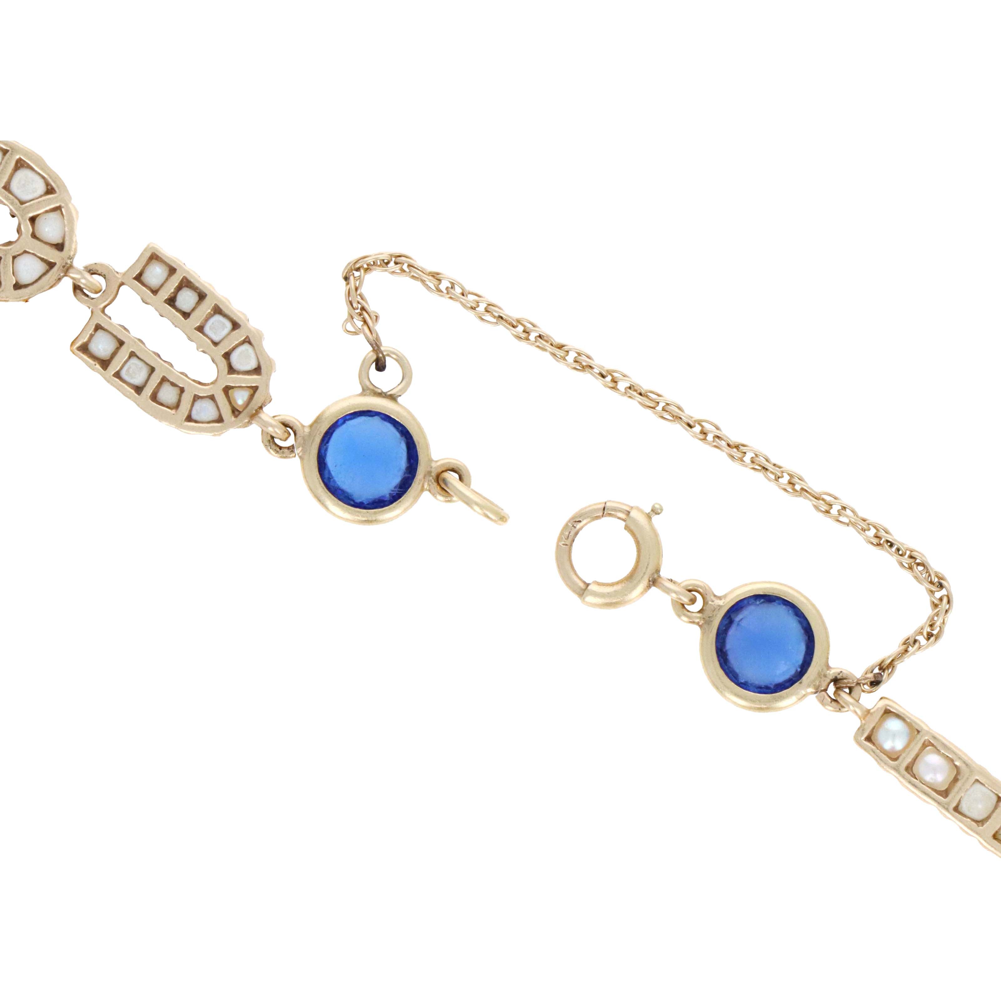 Vintage 14K Yellow Gold "I Love You" Bracelet with 2.8mm Pearls & Synthetic Bluestones