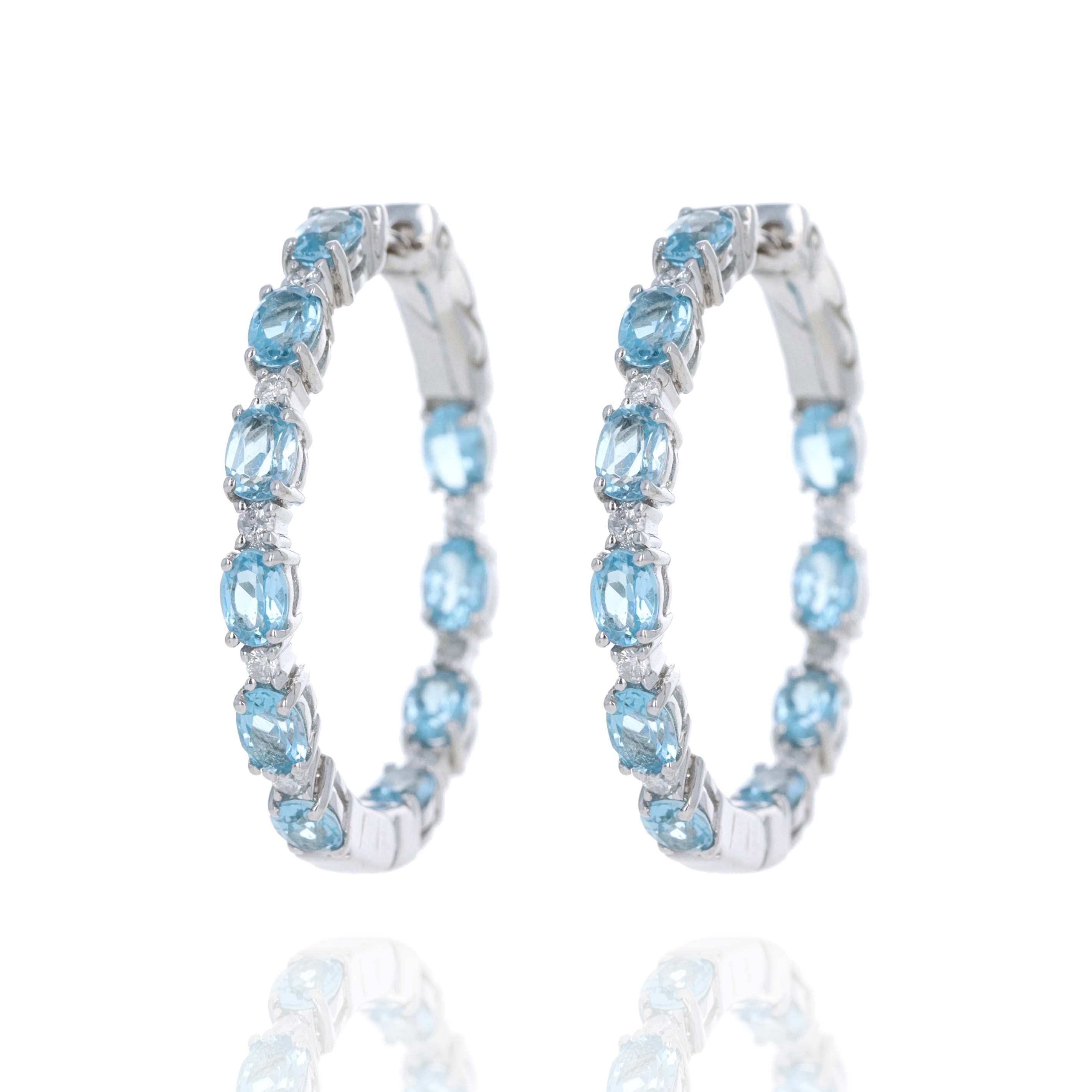 10K White Gold Oval Blue Topaz Diamond Inside-Out Hoop Earrings - Replica Handbags
