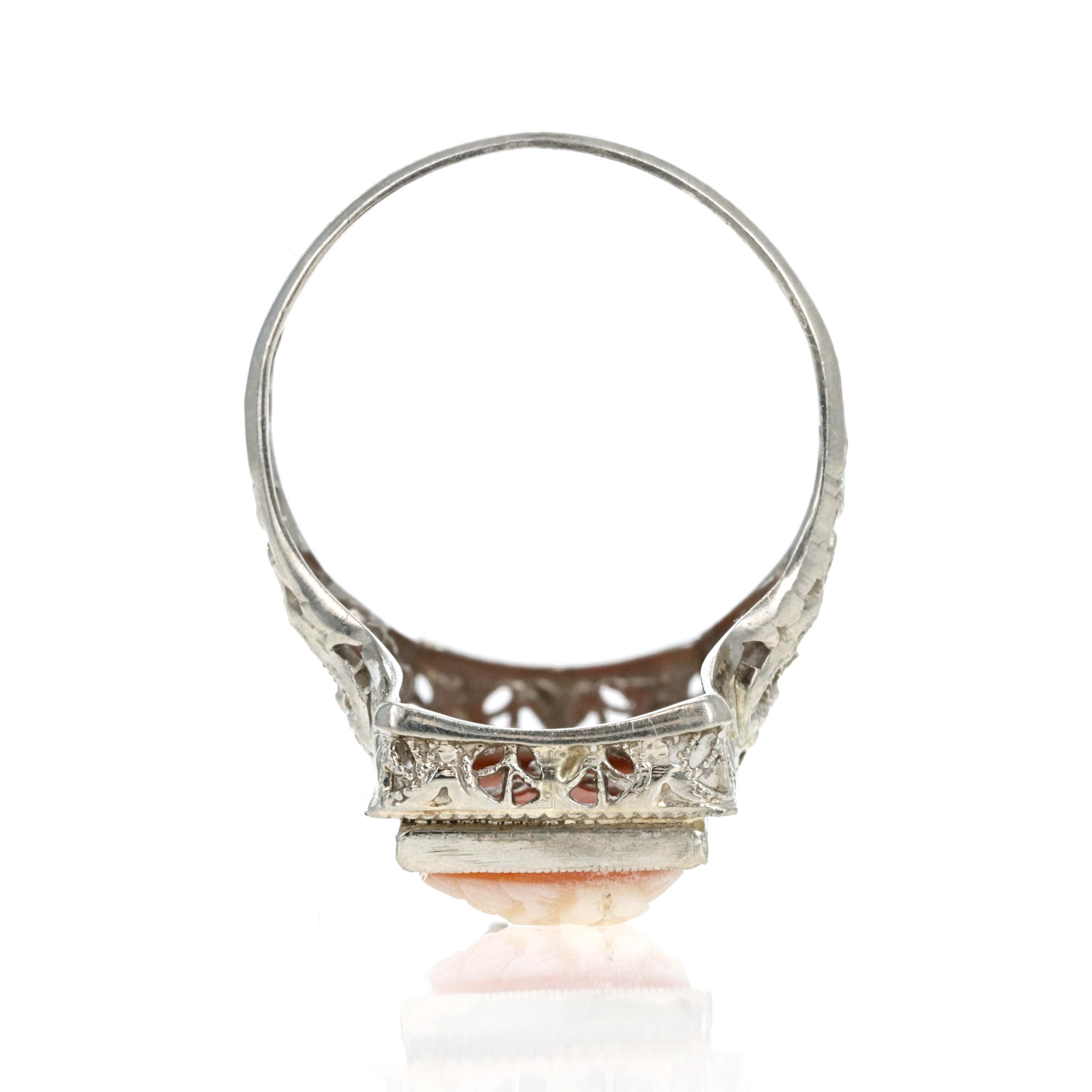 Art Deco 14K White Gold 0.015 Carat Diamond Cameo Engraved Filigree Ring