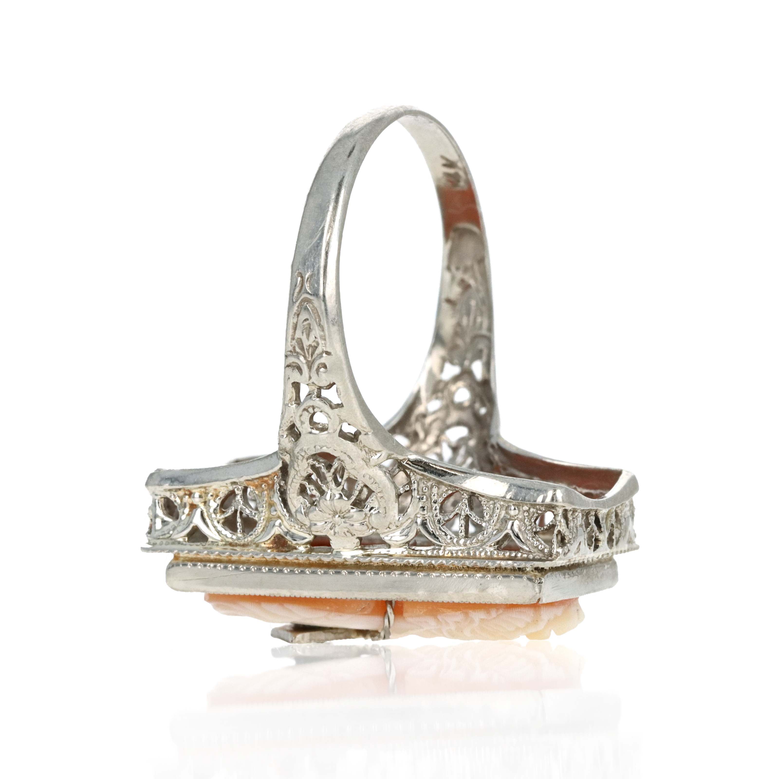 Art Deco 14K White Gold 0.015 Carat Diamond Cameo Engraved Filigree Ring