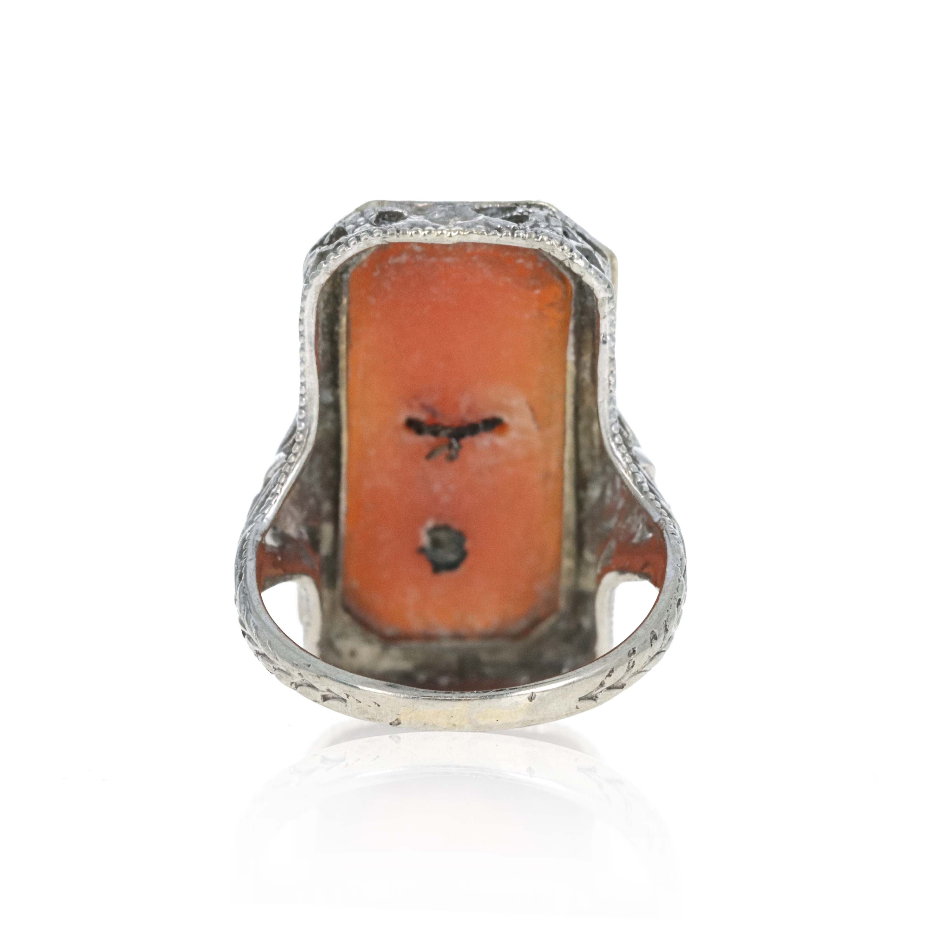 Art Deco 14K White Gold 0.015 Carat Diamond Cameo Engraved Filigree Ring