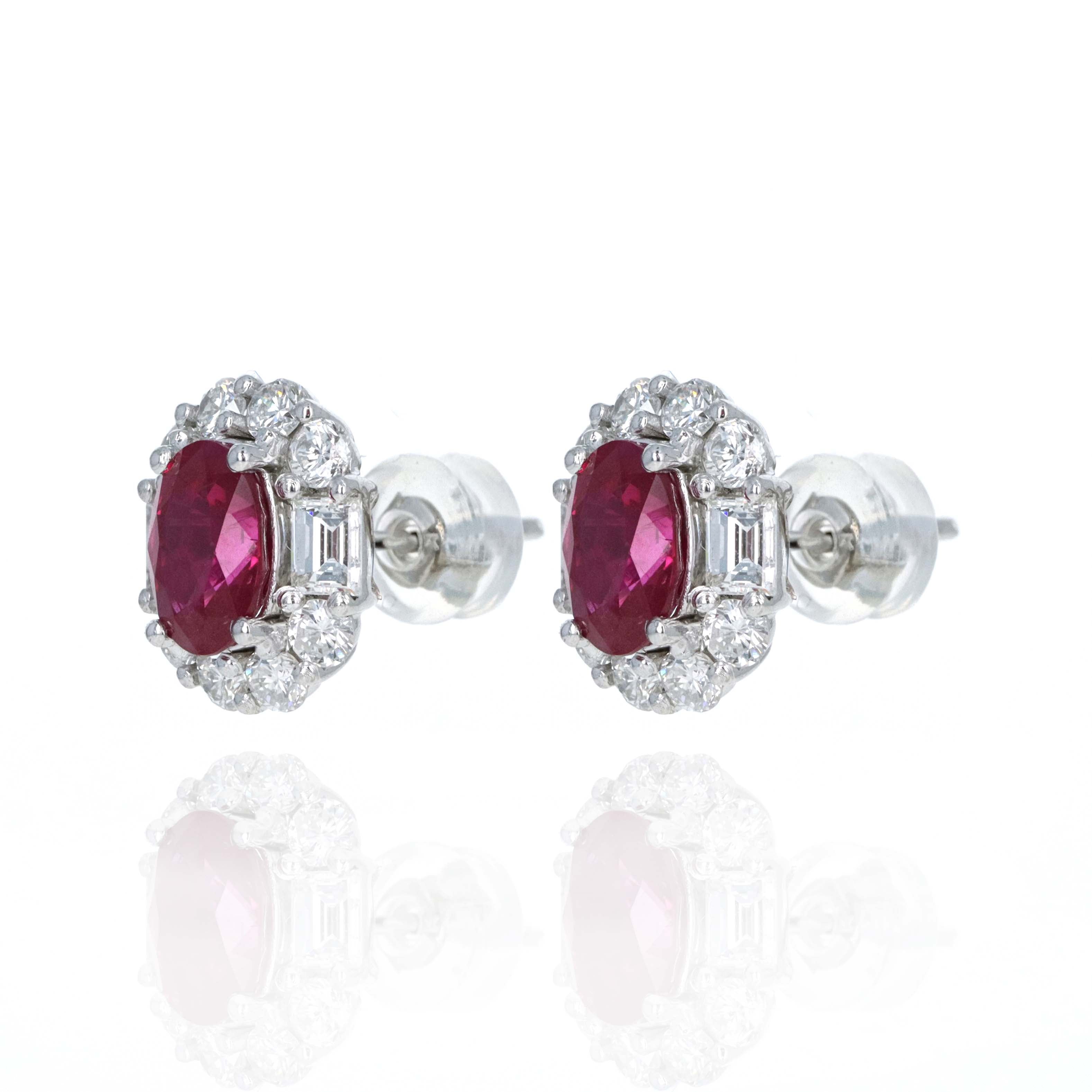 Platinum 2.21 Carat Oval Ruby Diamond Halo Stud Earrings - Replica Handbags