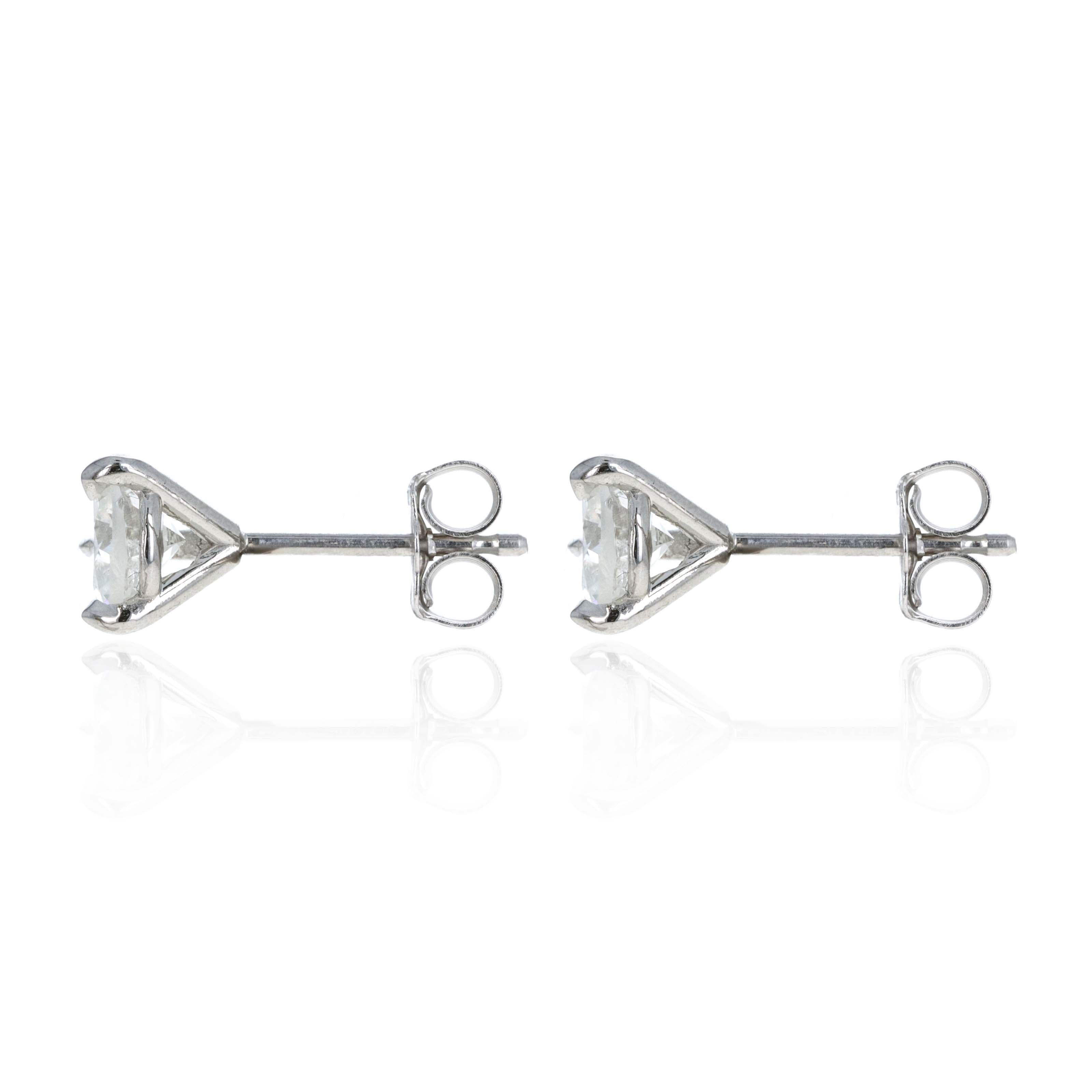 14K White Gold 1.07 Carat Round Brilliant Diamond Three Prong Martini Stud Earrings