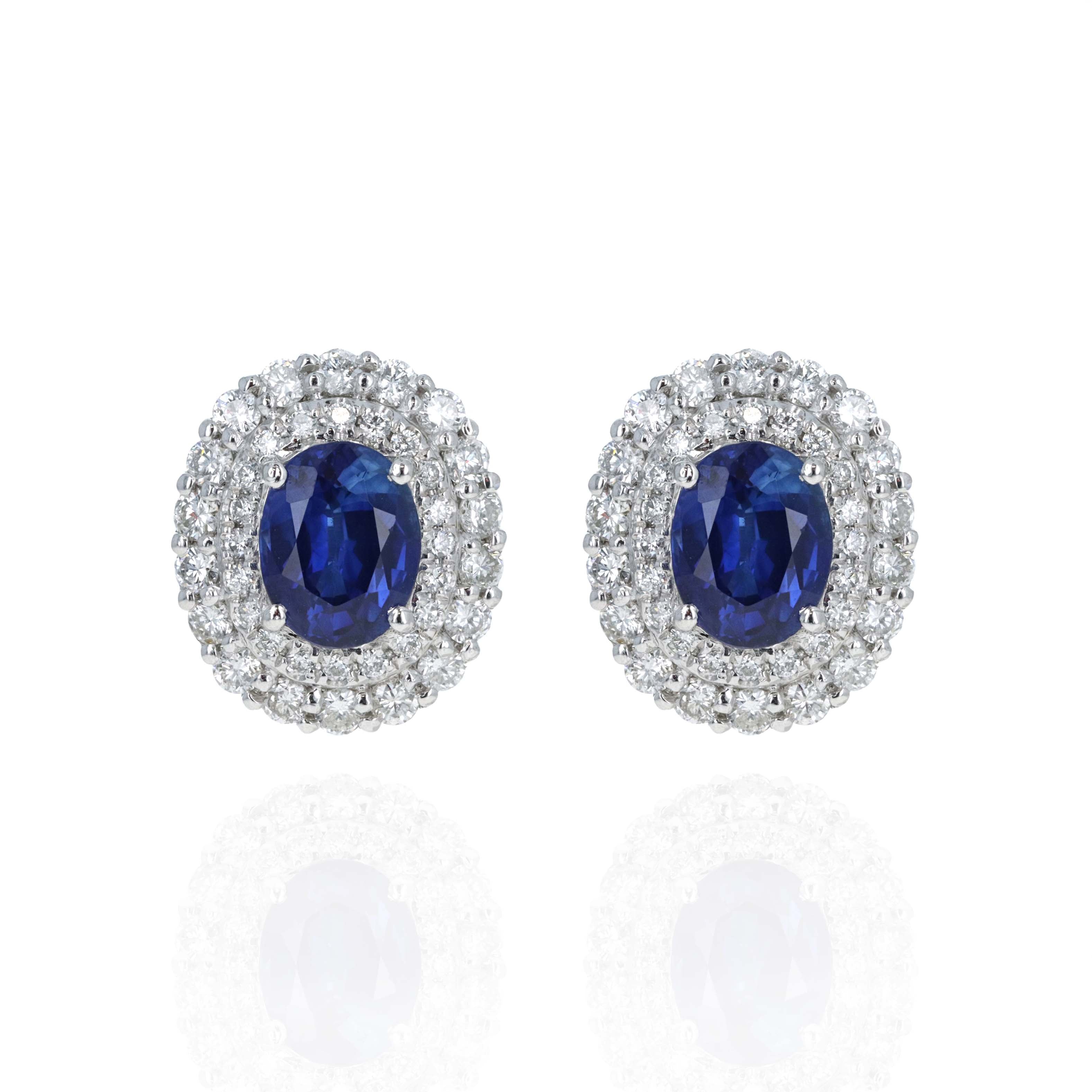 Platinum 2.25 Carat Oval Sapphire Diamond Halo Stud Earrings - Replica Handbags