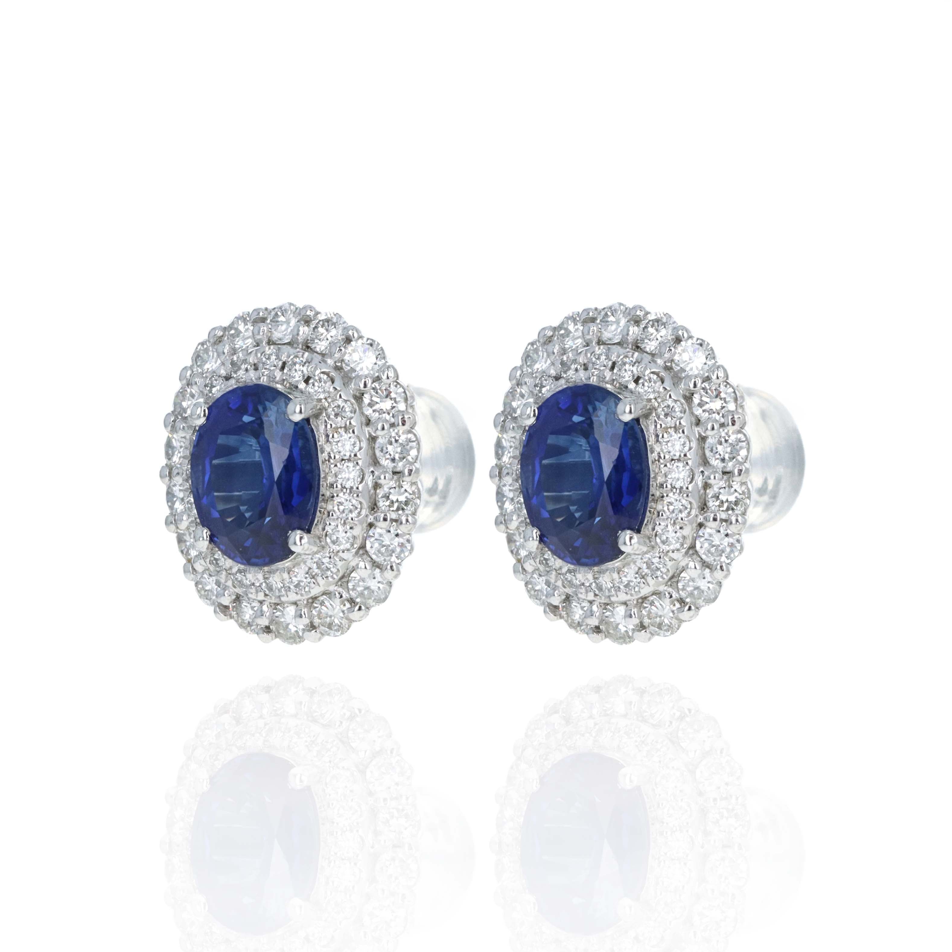 Platinum 2.25 Carat Oval Sapphire Diamond Halo Stud Earrings -  Replica Handbags 