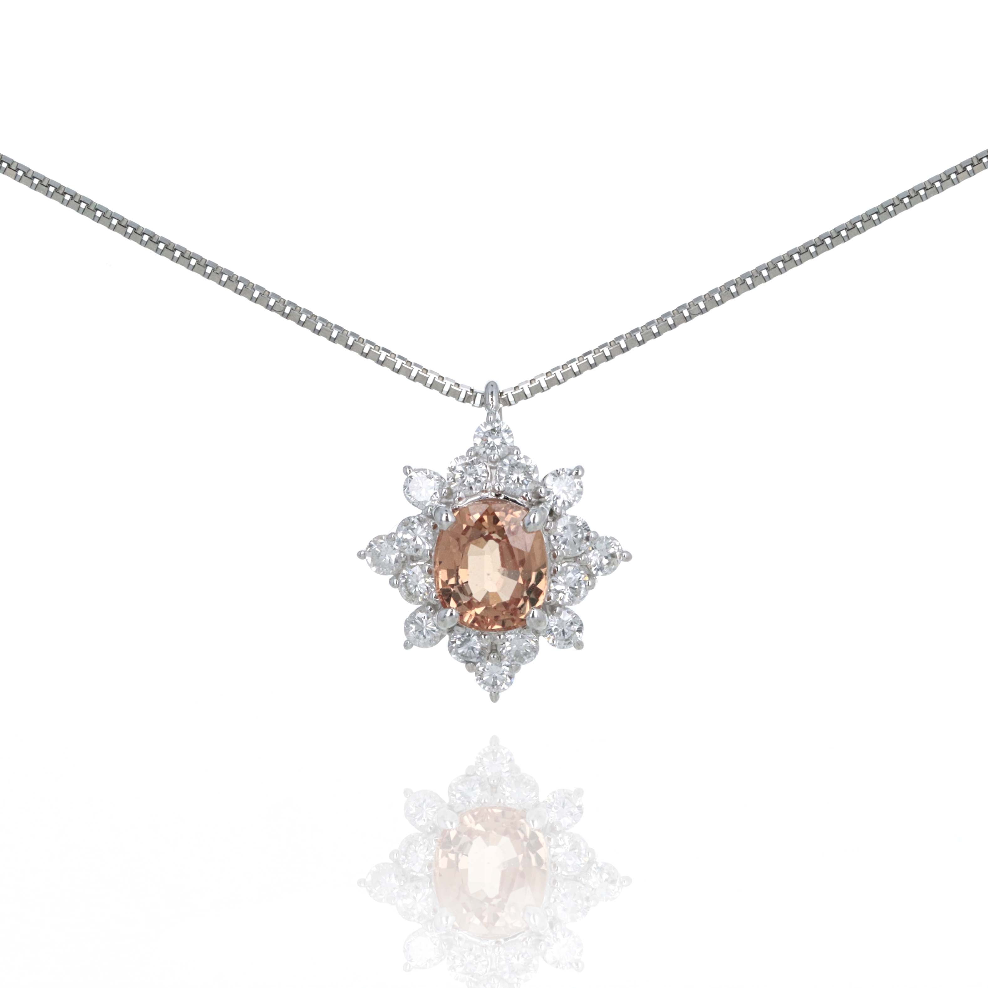 Platinum 0.95 Carat Oval Padparadscha Sapphire Diamond Halo Pendant Necklace -  Replica Handbags 