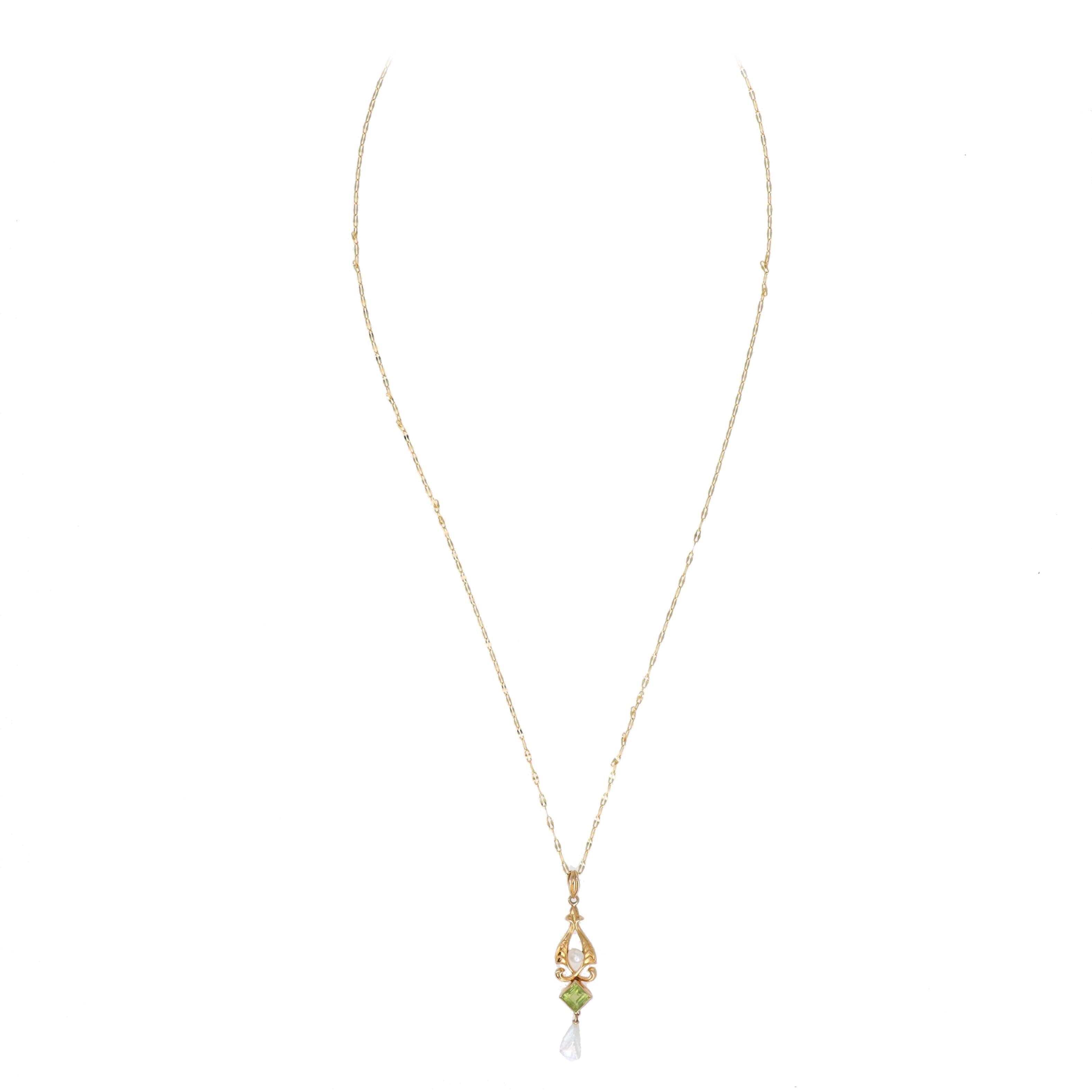 Art Nouveau 14K Yellow Gold Peridot Natural Pearl Pendant Necklace -  Replica Handbags 