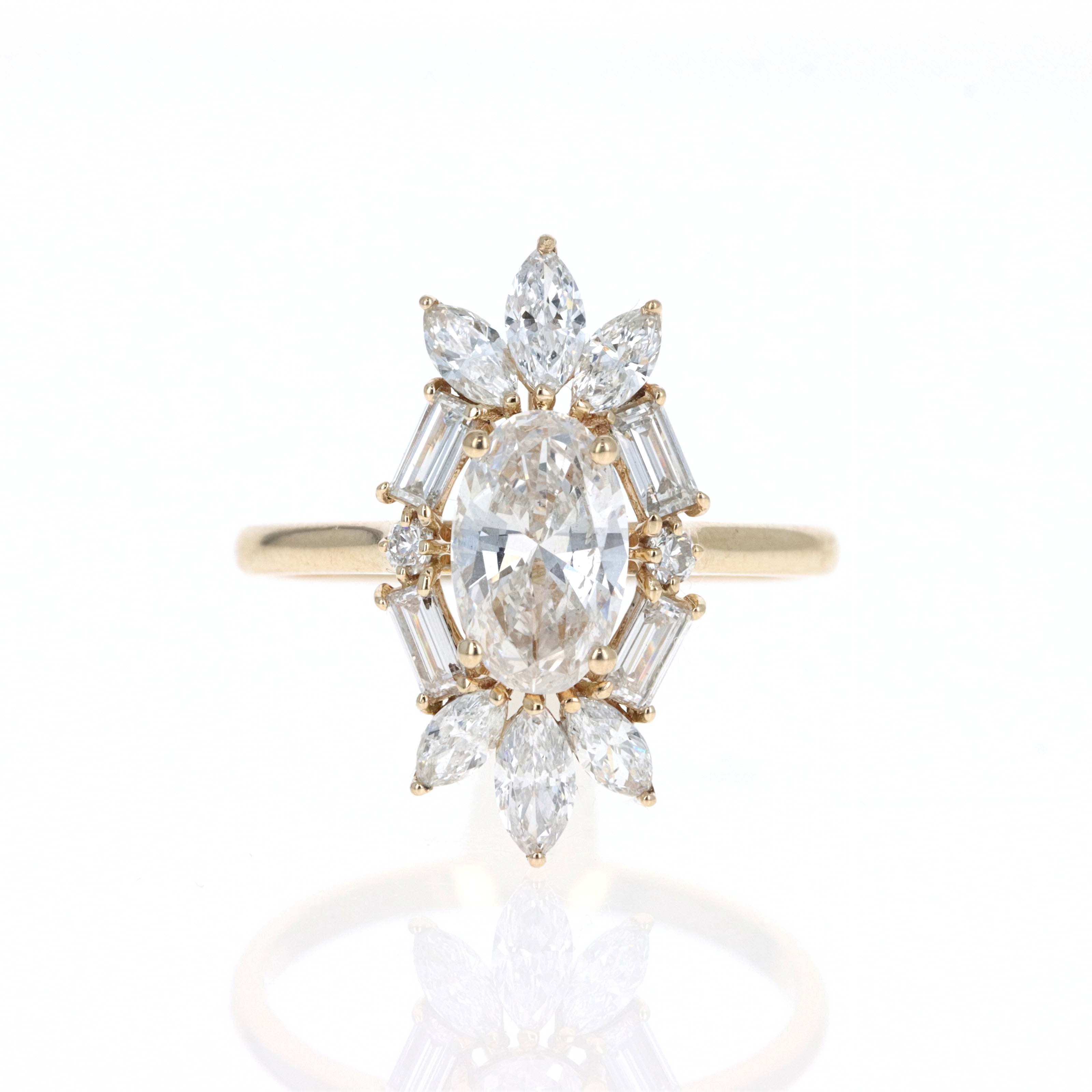 Lab Grown 1.5 Carat Oval Diamond Accented Halo Fan Engagement Ring -  Replica Handbags 