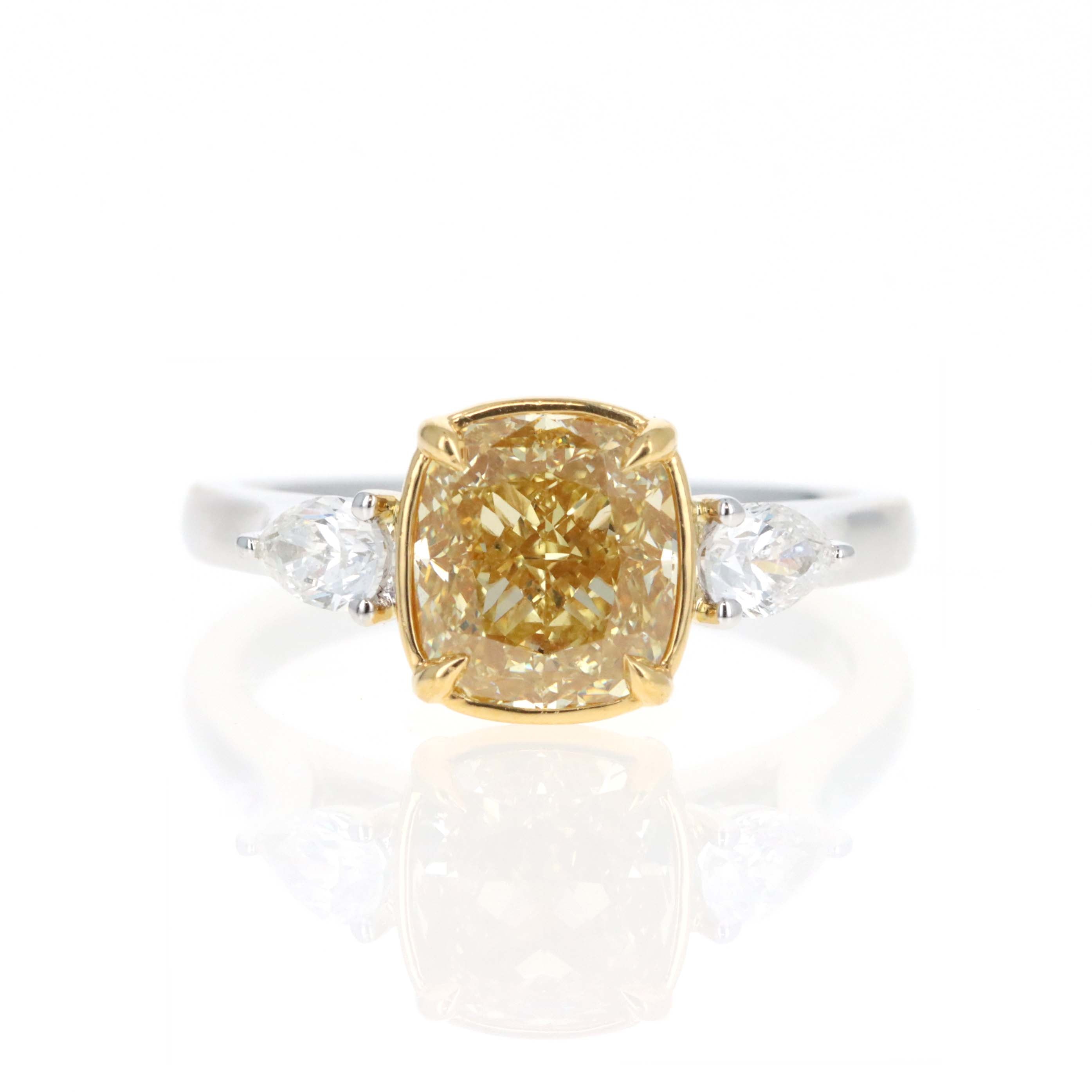 18K Gold 2.53 Carat Fancy Yellow Cushion Diamond Pear Three Stone Engagement Ring - Replica Handbags