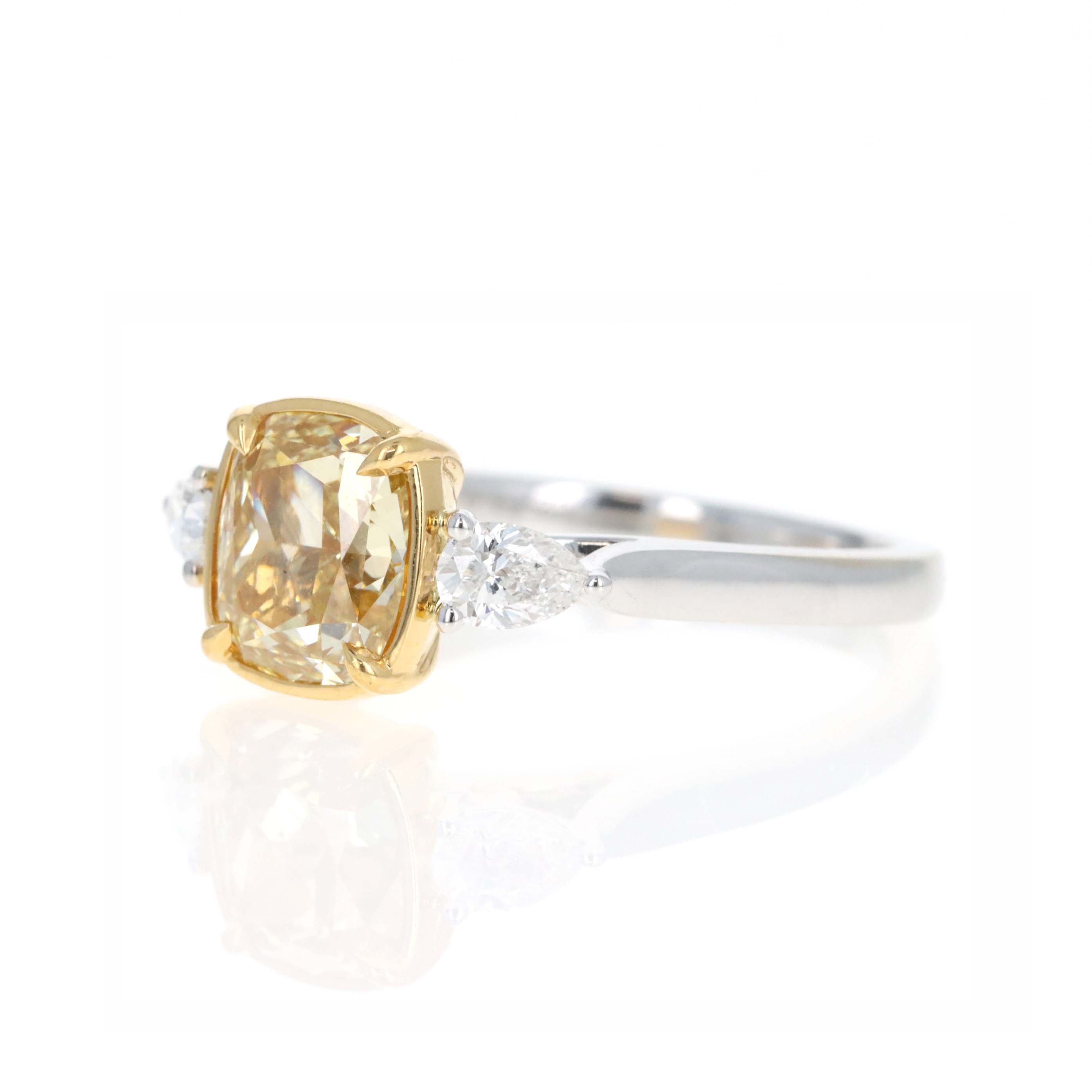18K Gold 2.53 Carat Fancy Yellow Cushion Diamond Pear Three Stone Engagement Ring - Replica Handbags