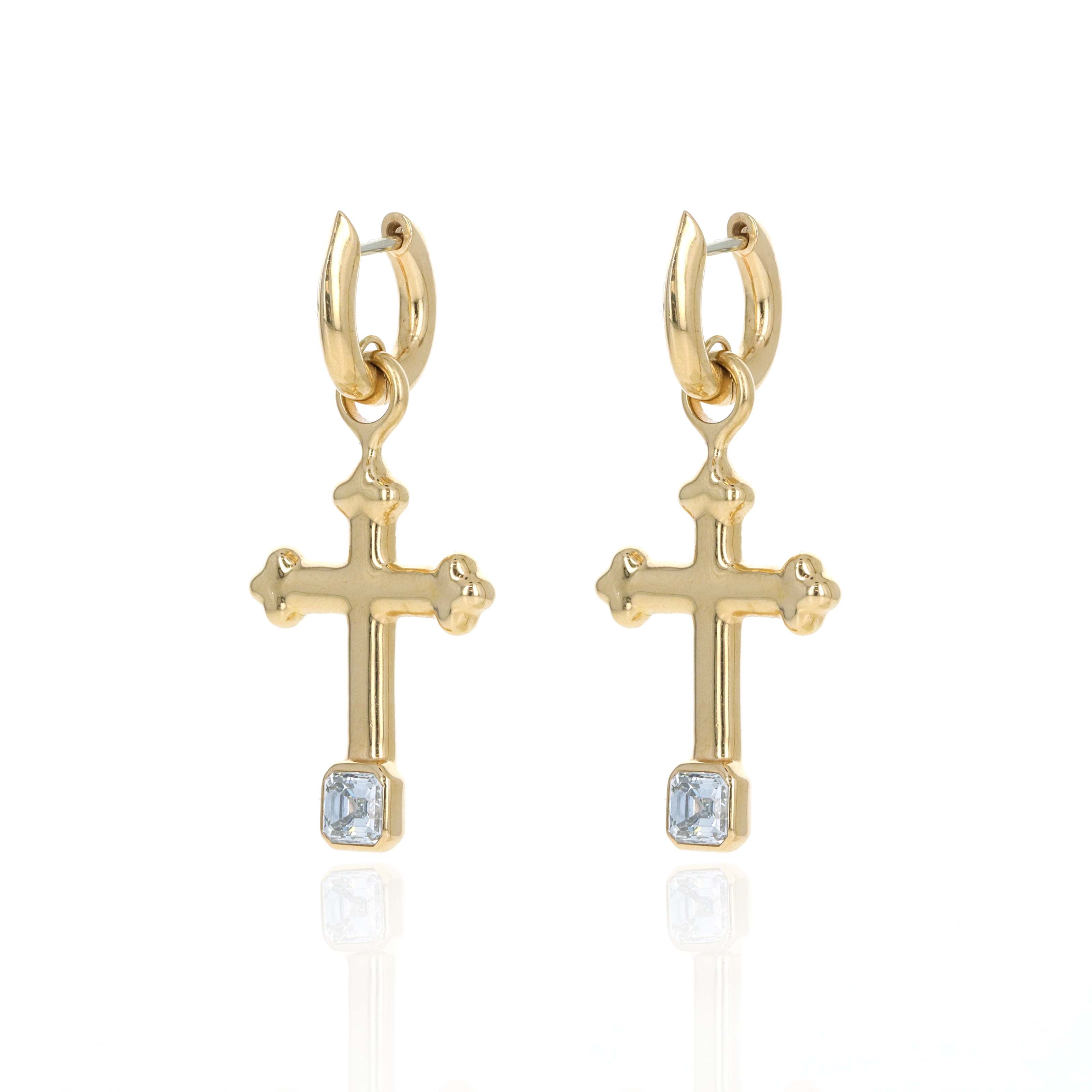 Uniform Object 18K Yellow Gold 0.72 Carat Asscher Diamond Cross Carriage Huggie Earrings -  Replica Handbags 