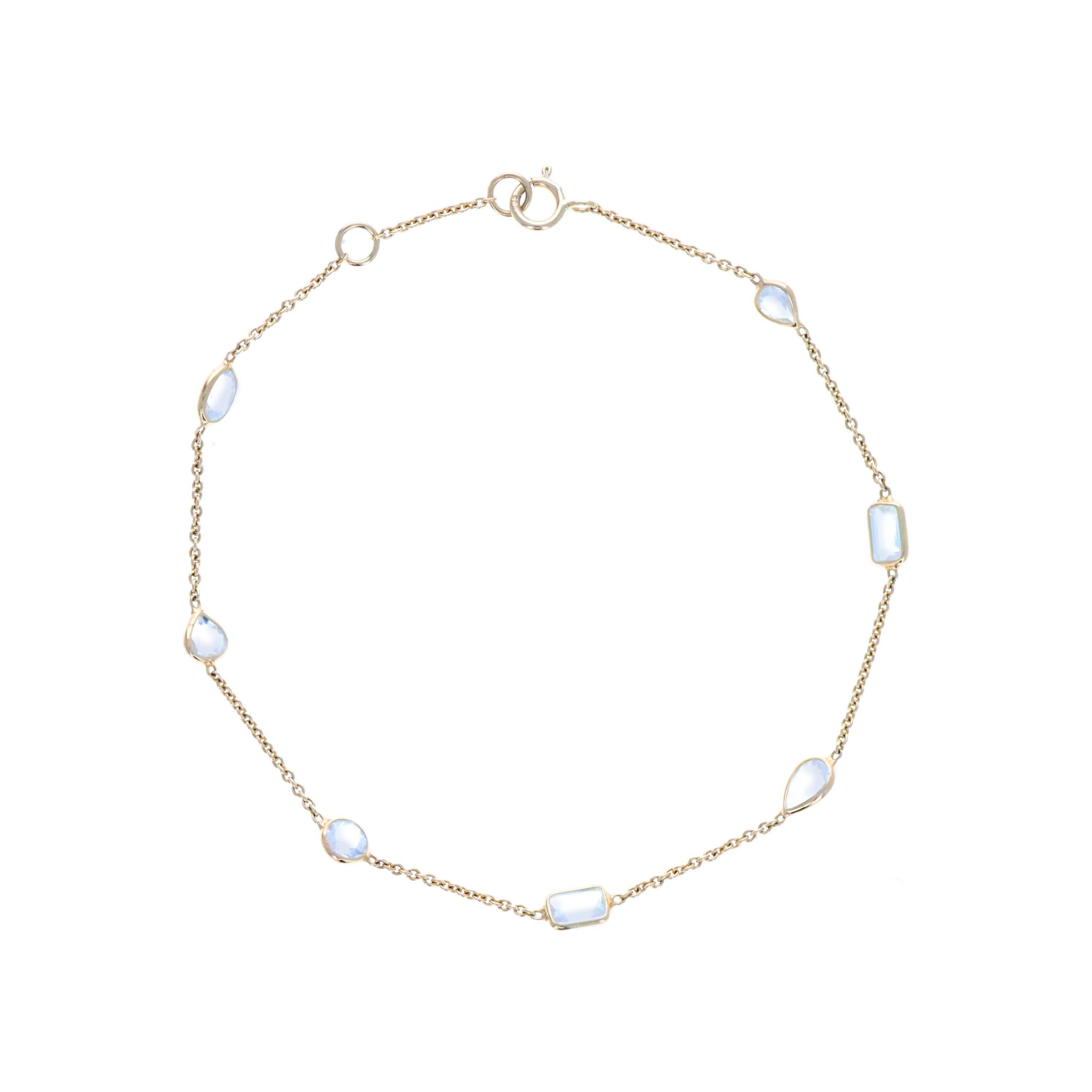 14K Yellow Gold 1.65 Carat Rainbow Moonstone Bezel Station Bracelet - Replica Handbags