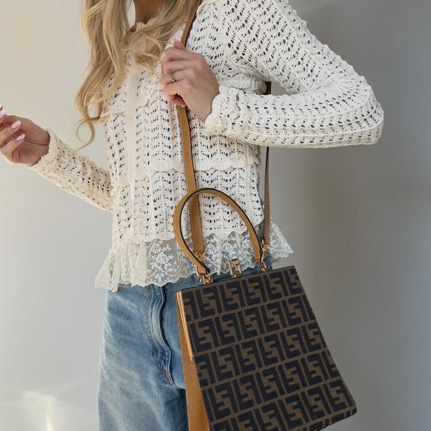 Fendi Brown Zucca Canvas Kiss Lock Bag