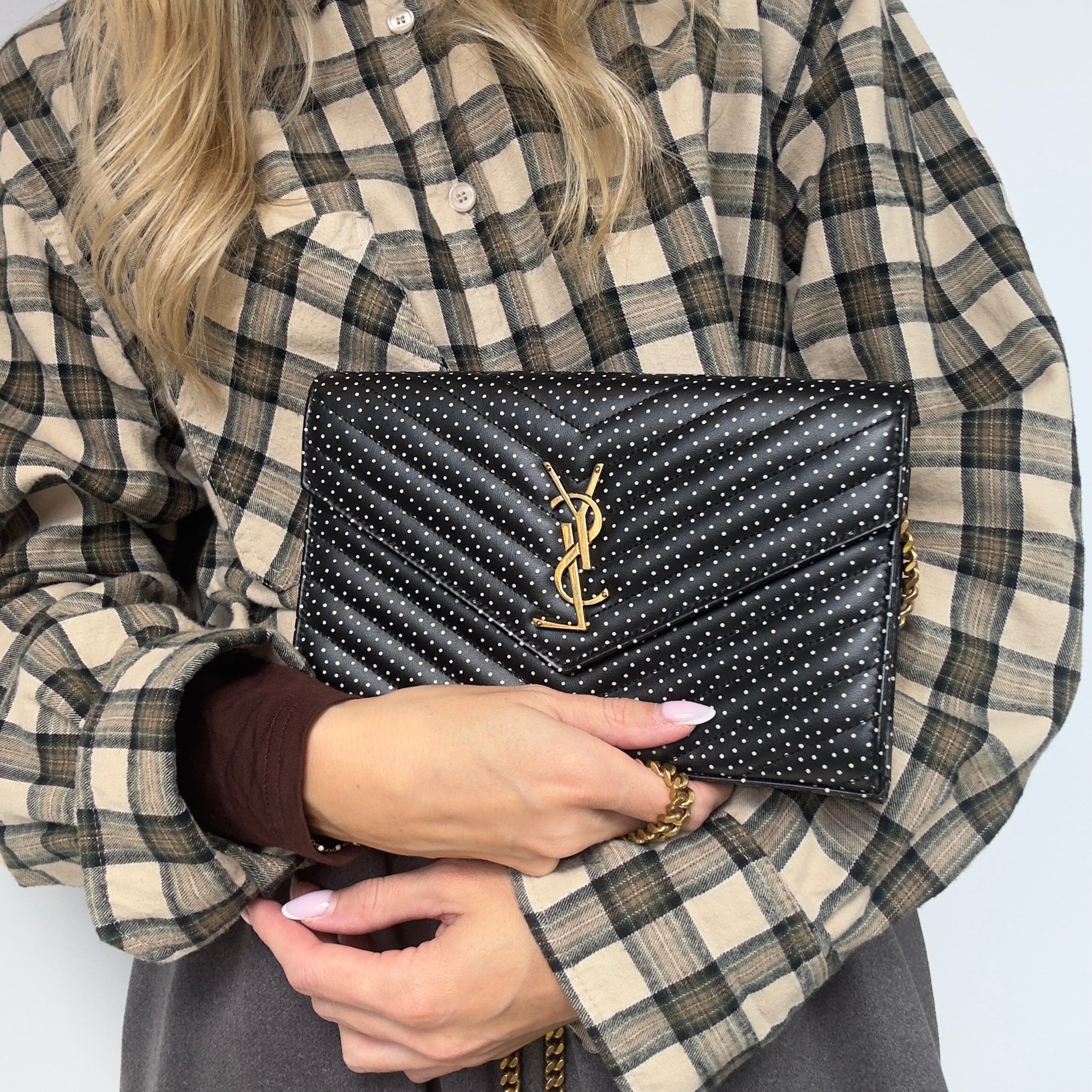 Saint Laurent Polka Dot Kate Wallet On Chain -  Replica Handbags 