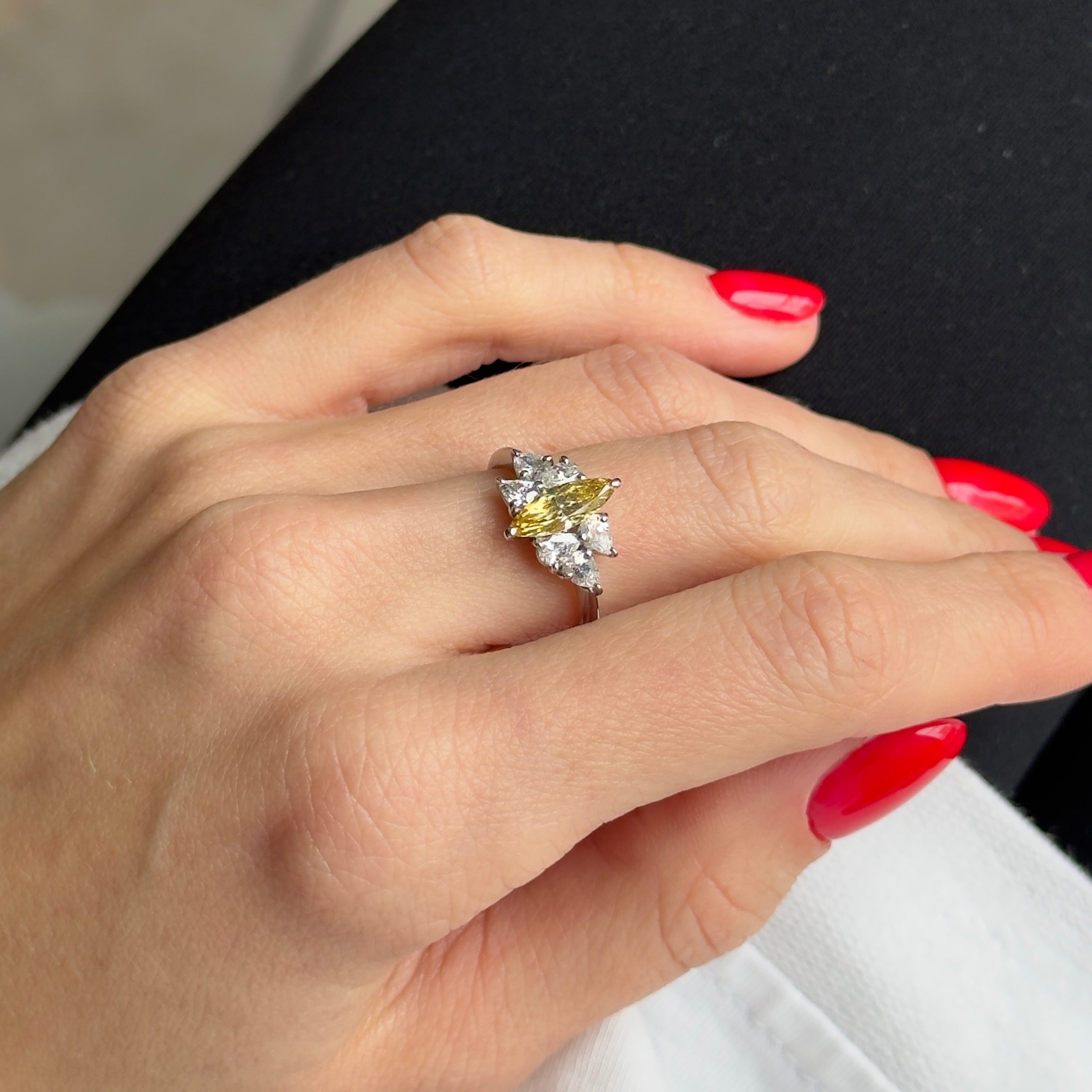 Platinum 0.74 Carat Fancy Intense Yellow Marquise Diamond Engagement Ring - Replica Handbags