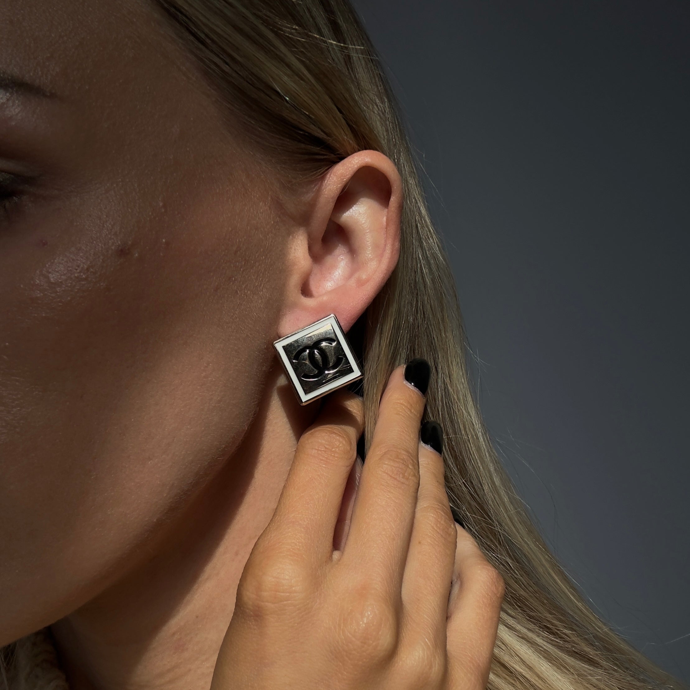 Chanel B21 Square White Enamel CC Earrings -  Replica Handbags 