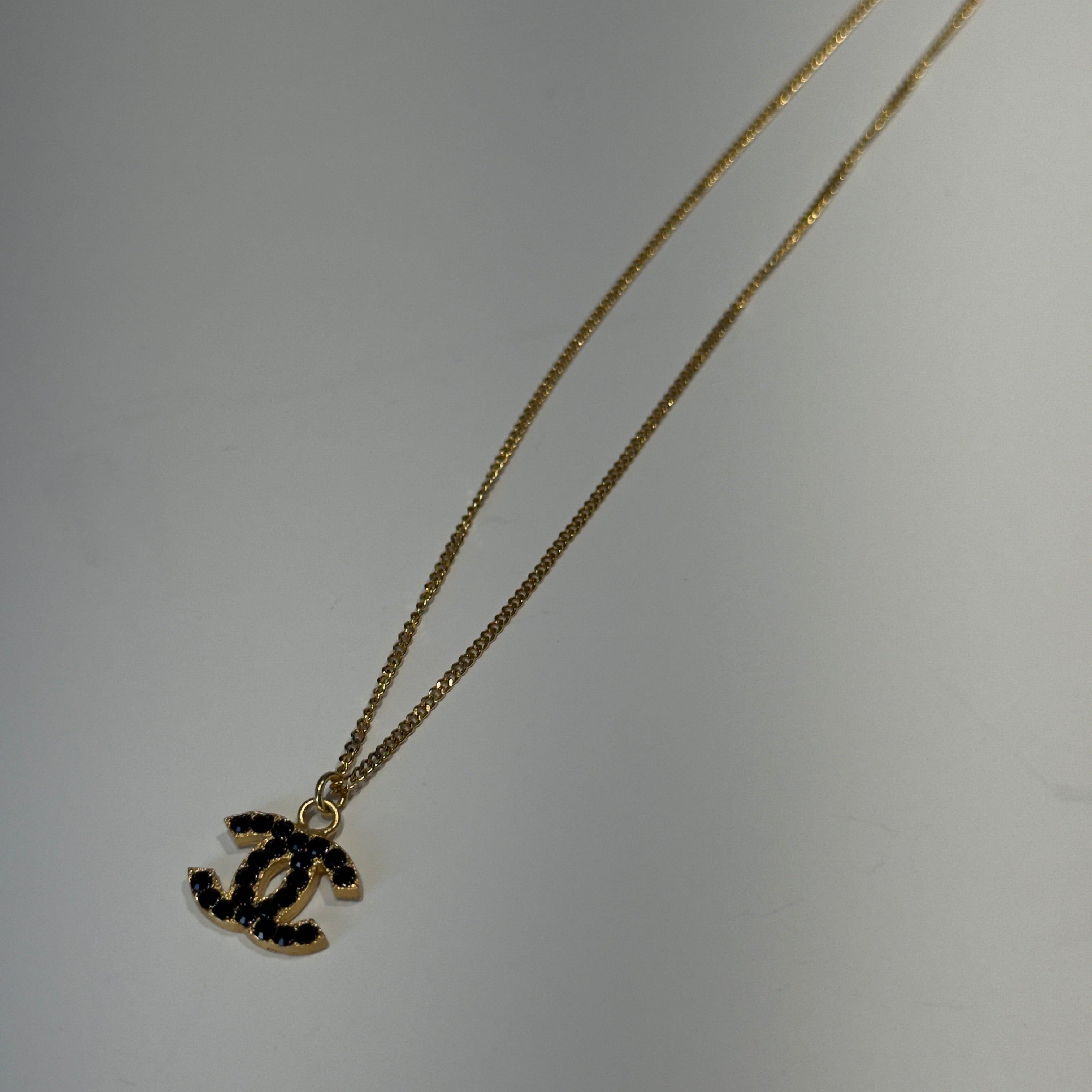 Chanel 2001 A Gold Tone Black Rhinestone CC Necklace - Replica Handbags