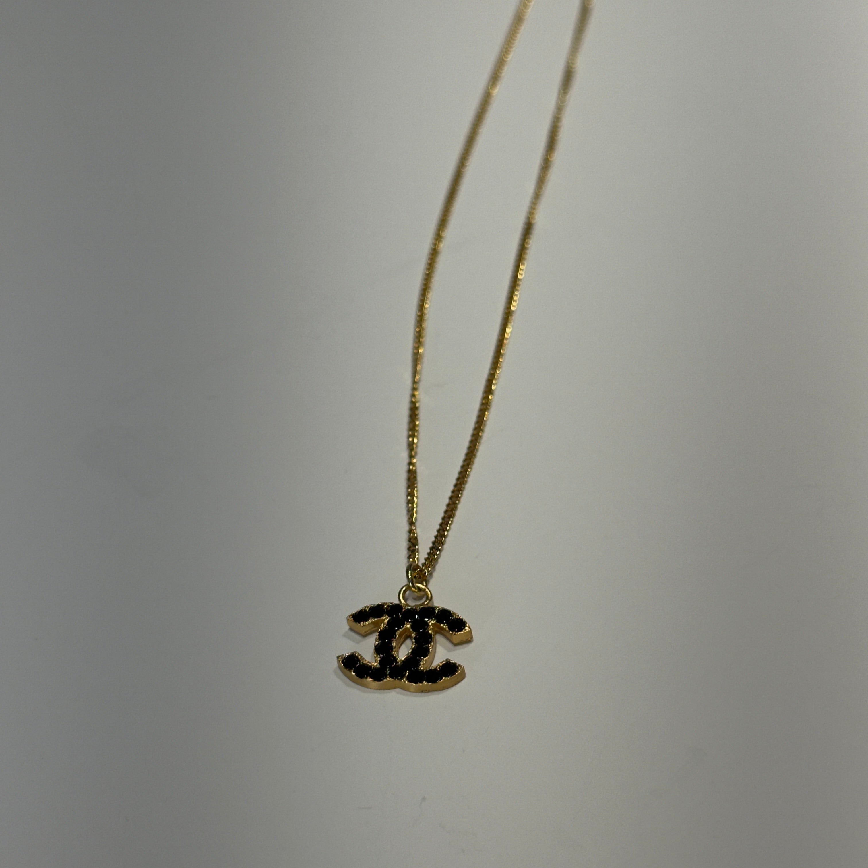 Chanel 2001 A Gold Tone Black Rhinestone CC Necklace - Replica Handbags