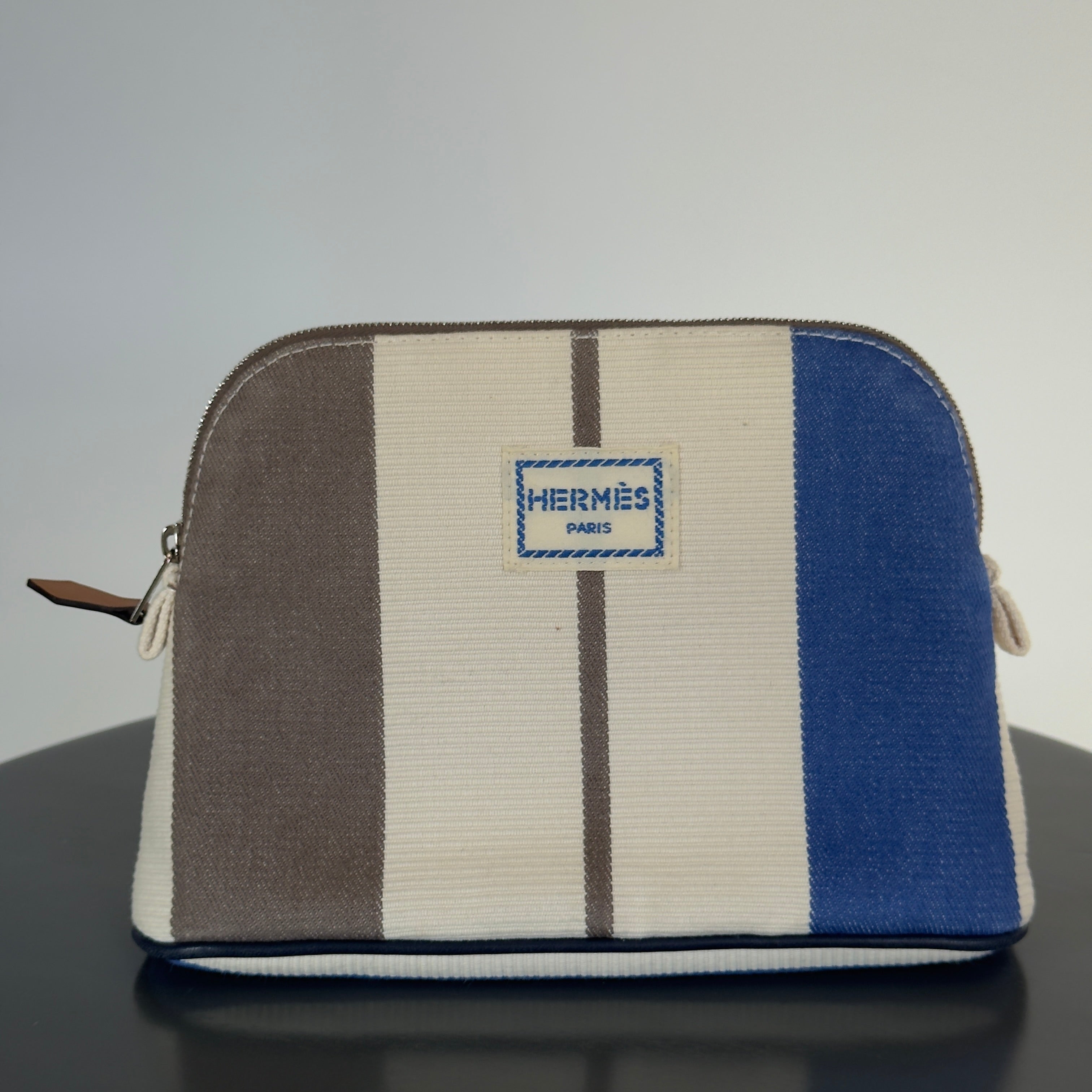 Hermes Bolide Rayures Rocabar Travel Case Etoupe/Azur -  Replica Handbags 