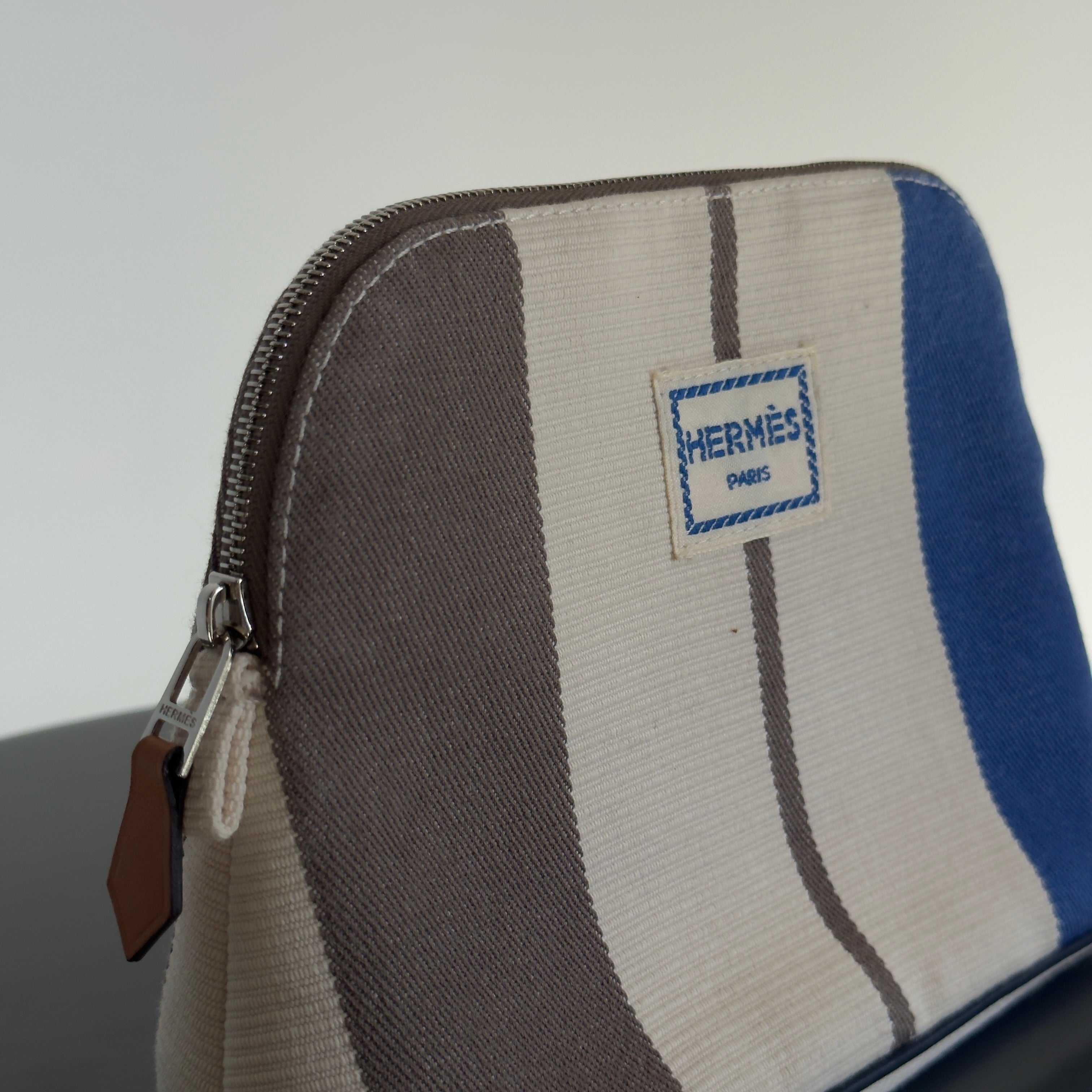 Hermes Bolide Rayures Rocabar Travel Case Etoupe/Azur - Replica Handbags