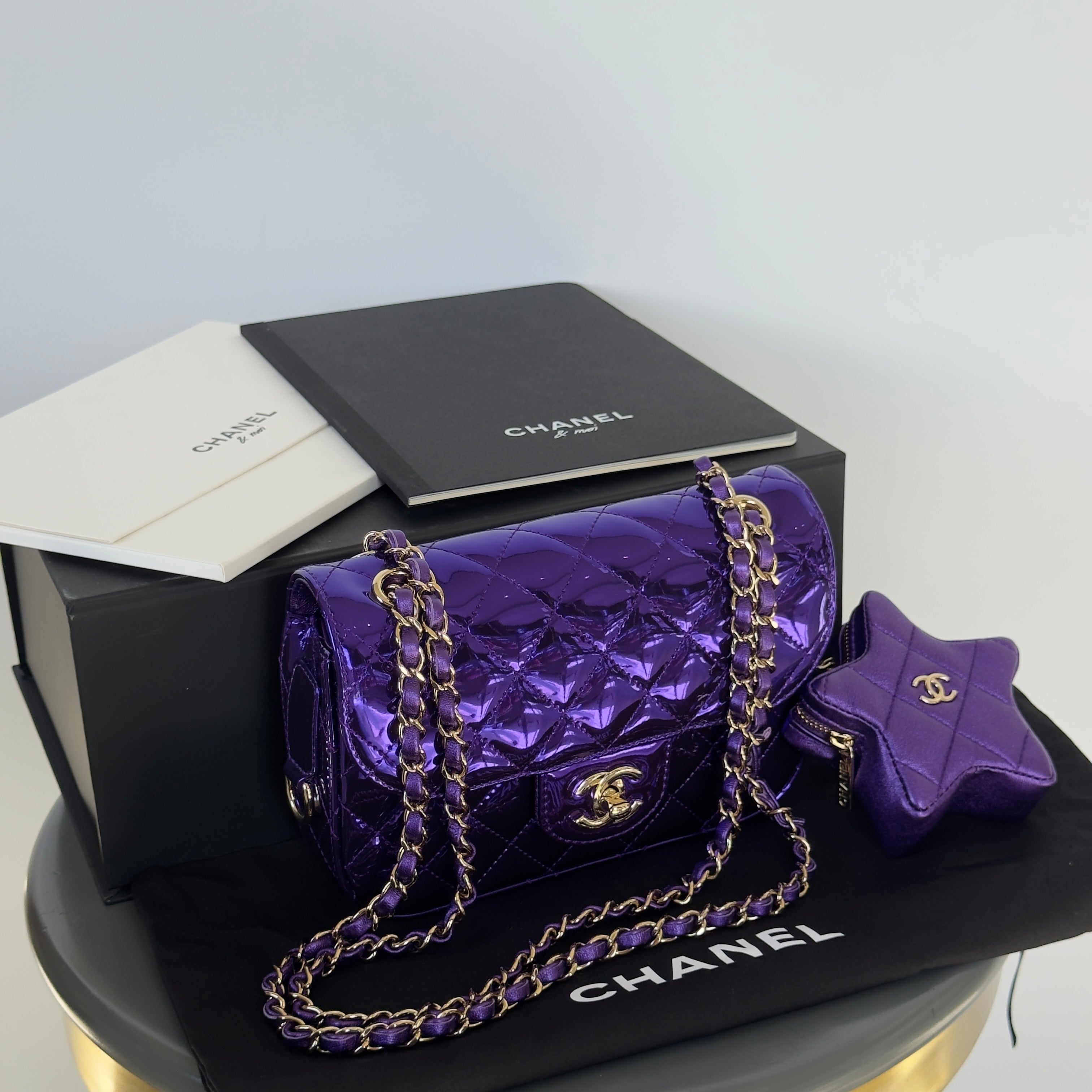 Chanel Metallic Lambskin Hollywood Boulevard Flap Bag With Star Clip On Coin Purse Purple - Replica Handbags