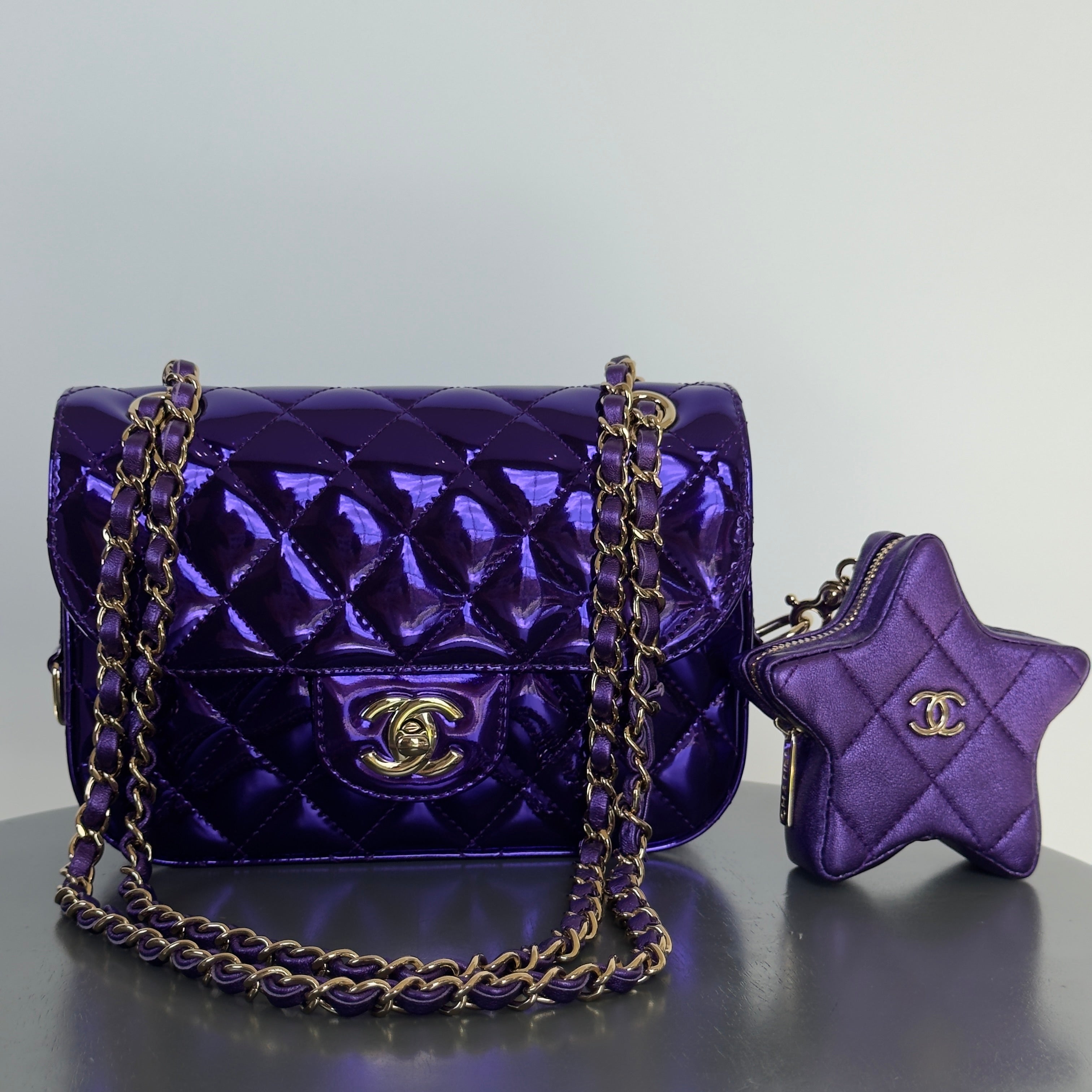 Chanel Metallic Lambskin Hollywood Boulevard Flap Bag With Star Clip On Coin Purse Purple -  Replica Handbags 