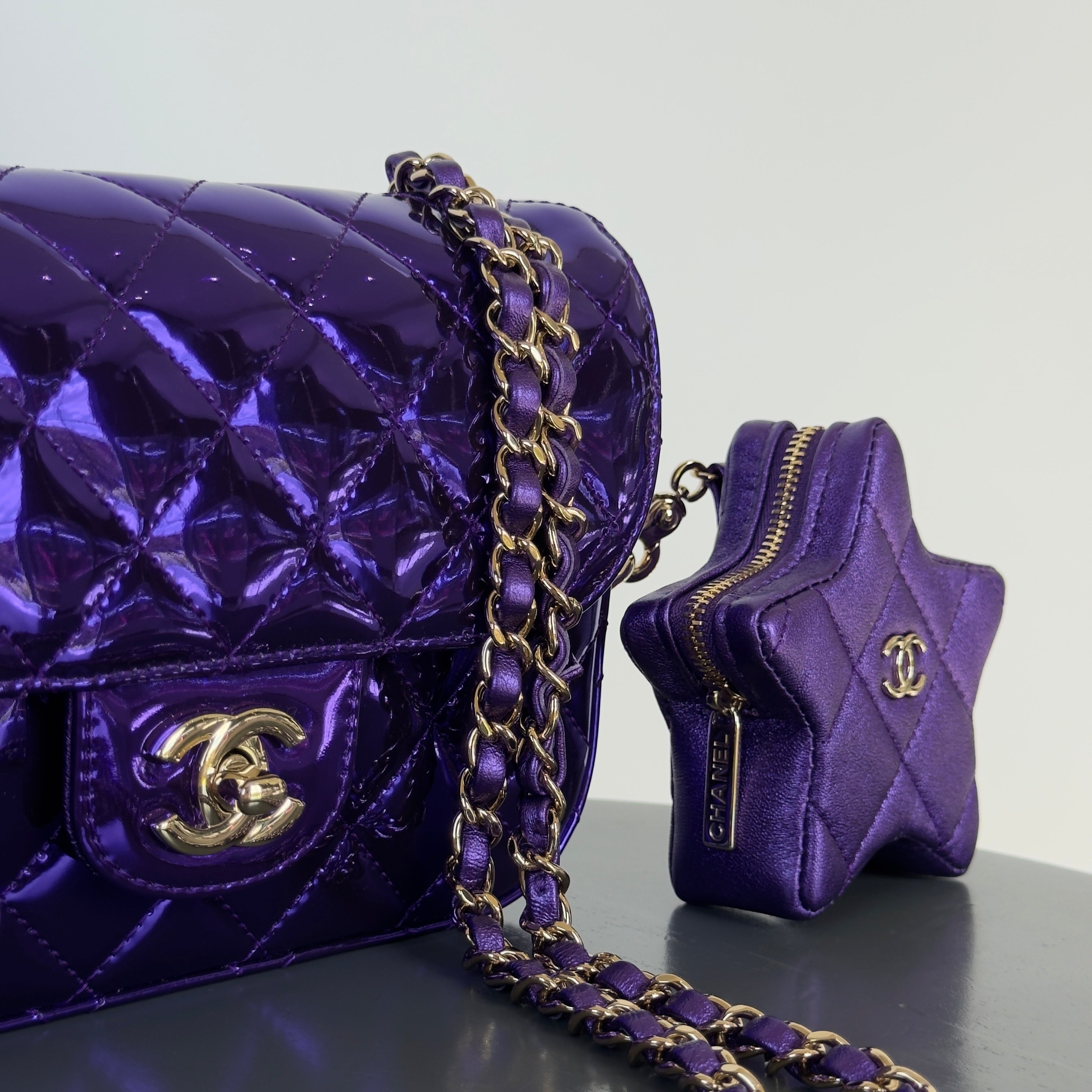 Chanel Metallic Lambskin Hollywood Boulevard Flap Bag With Star Clip On Coin Purse Purple -  Replica Handbags 
