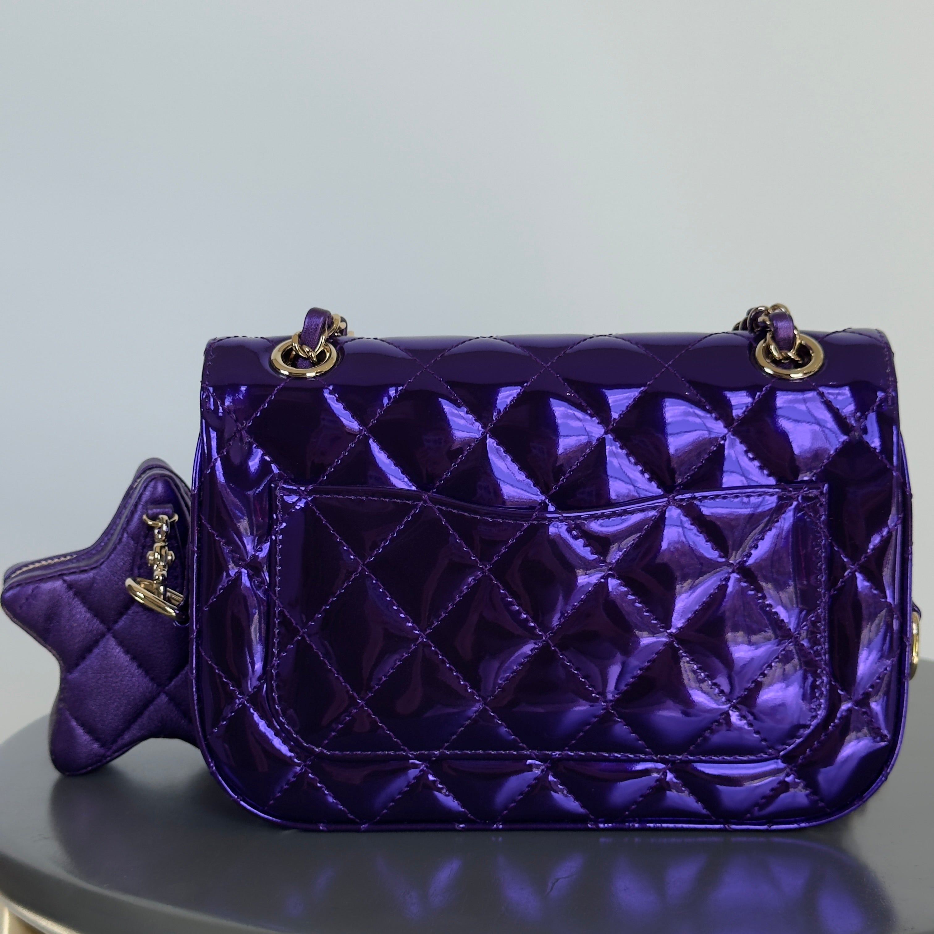 Chanel Metallic Lambskin Hollywood Boulevard Flap Bag With Star Clip On Coin Purse Purple -  Replica Handbags 