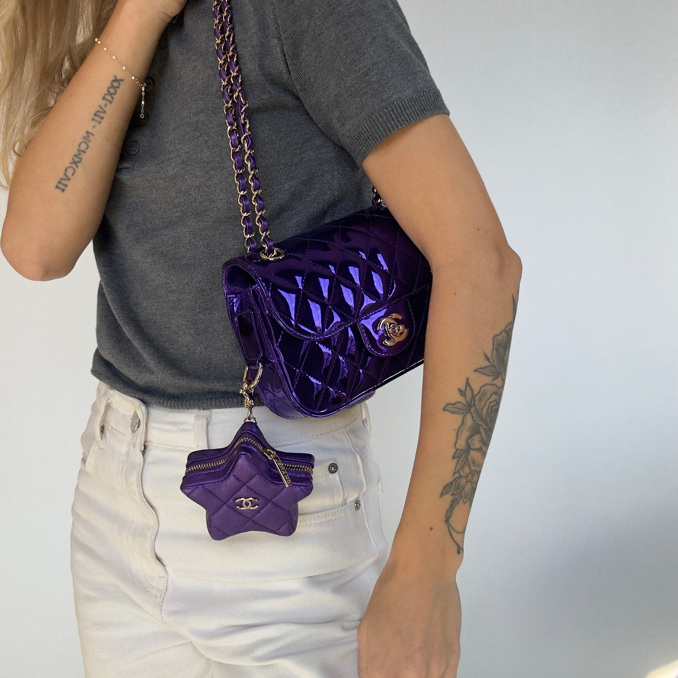Chanel Metallic Lambskin Hollywood Boulevard Flap Bag With Star Clip On Coin Purse Purple - Replica Handbags