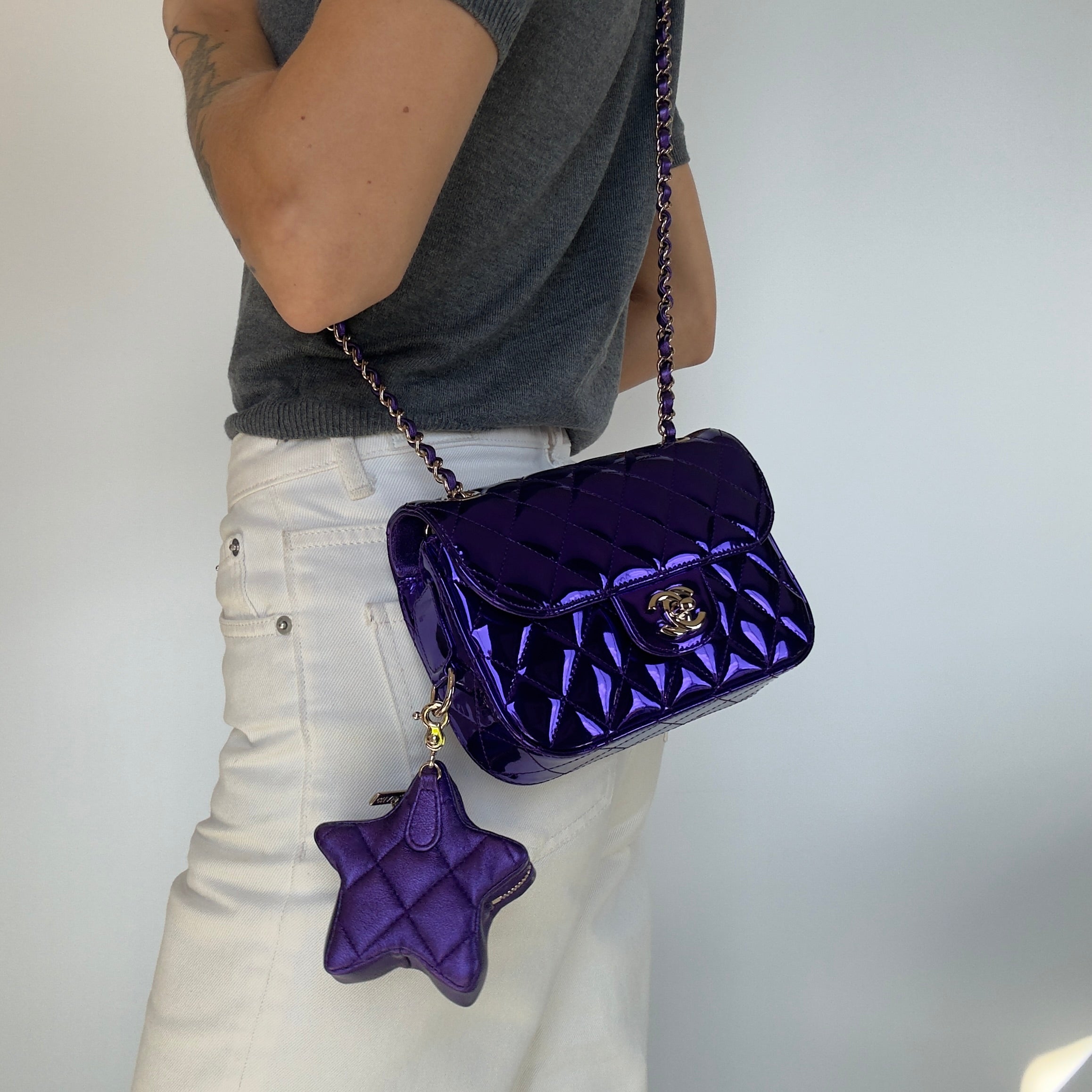 Chanel Metallic Lambskin Hollywood Boulevard Flap Bag With Star Clip On Coin Purse Purple - Replica Handbags