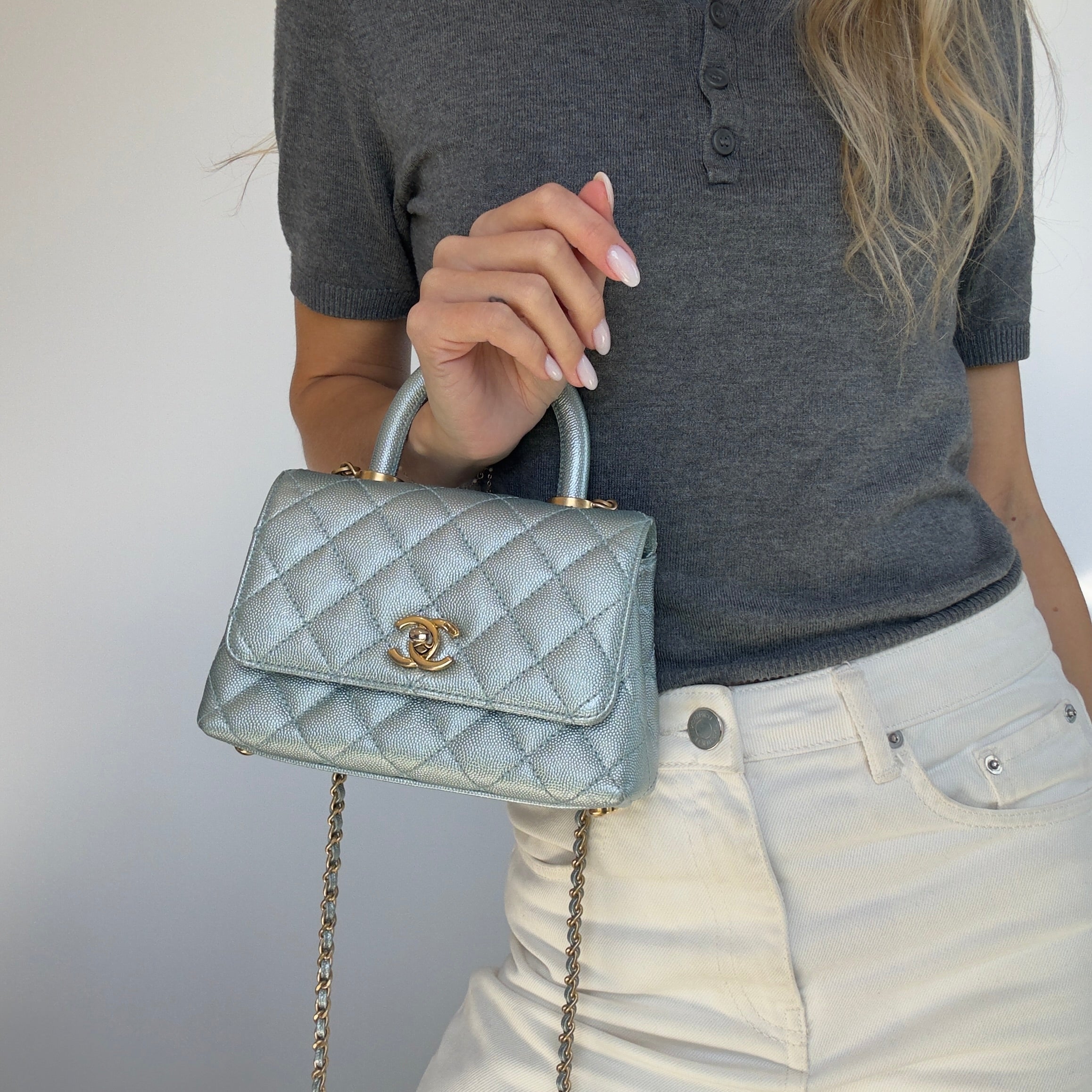 Chanel Metallic Caviar Quilted Mini Coco Handle Flap Light Blue - Replica Handbags