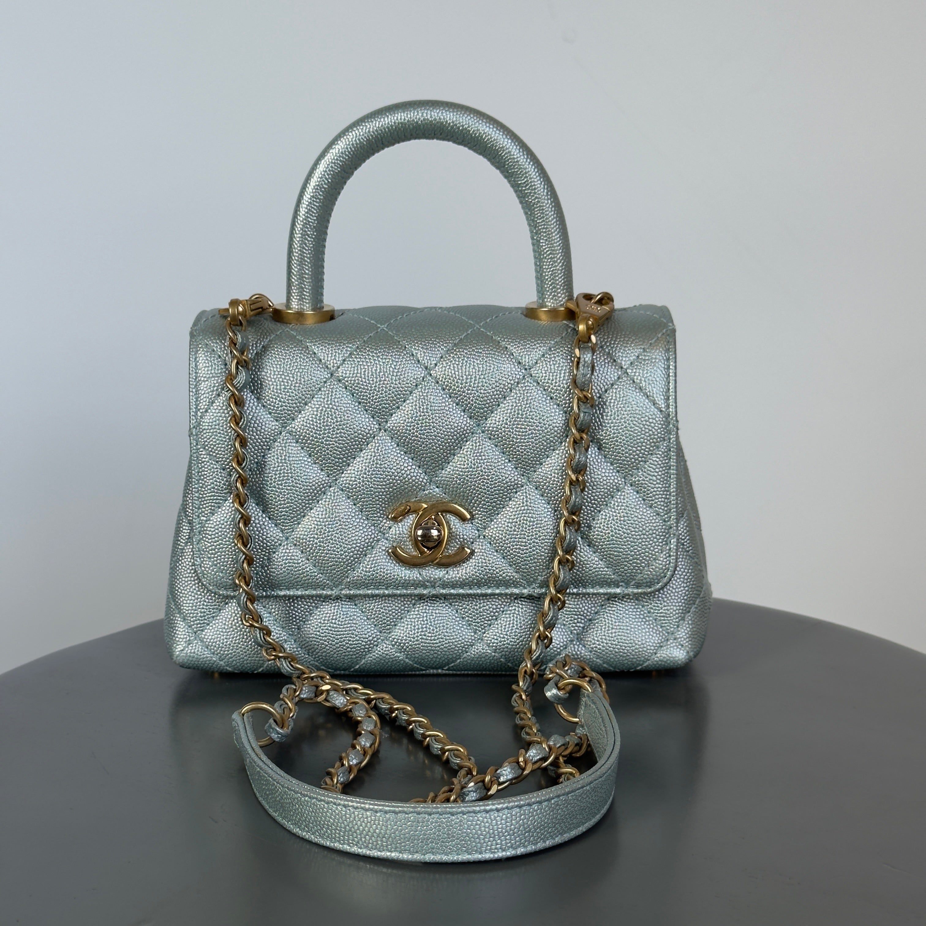 Chanel Metallic Caviar Quilted Mini Coco Handle Flap Light Blue - Replica Handbags