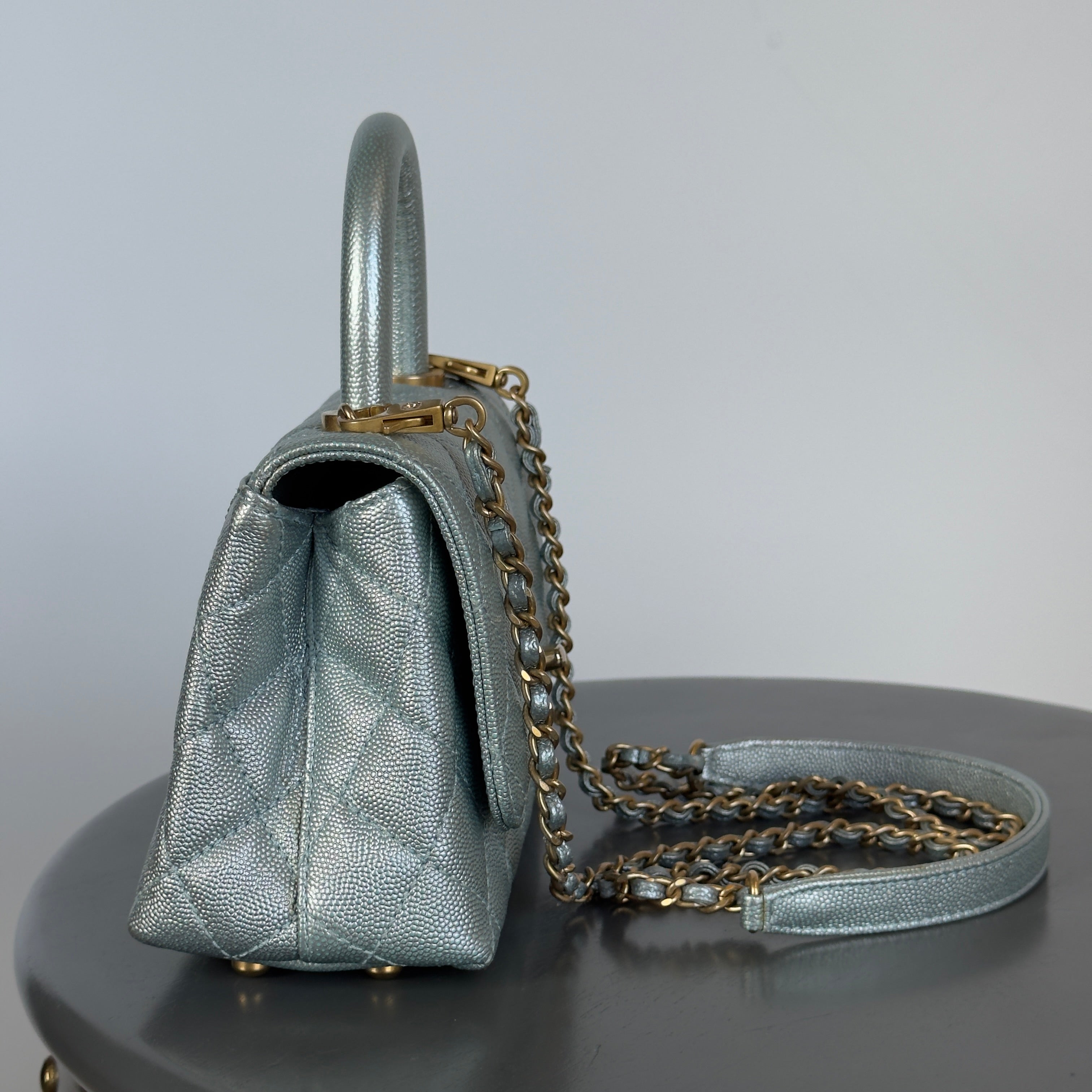 Chanel Metallic Caviar Quilted Mini Coco Handle Flap Light Blue -  Replica Handbags 