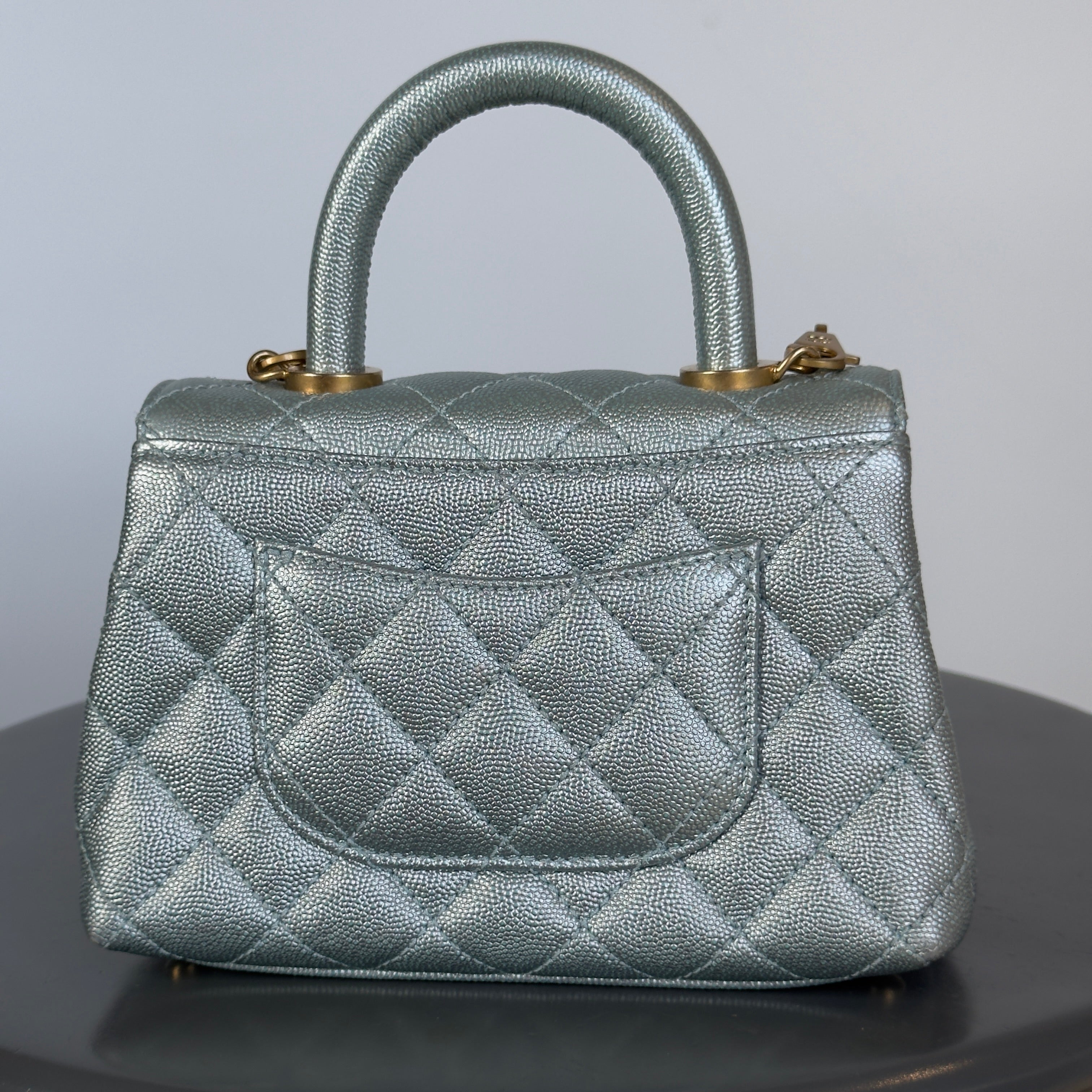 Chanel Metallic Caviar Quilted Mini Coco Handle Flap Light Blue -  Replica Handbags 
