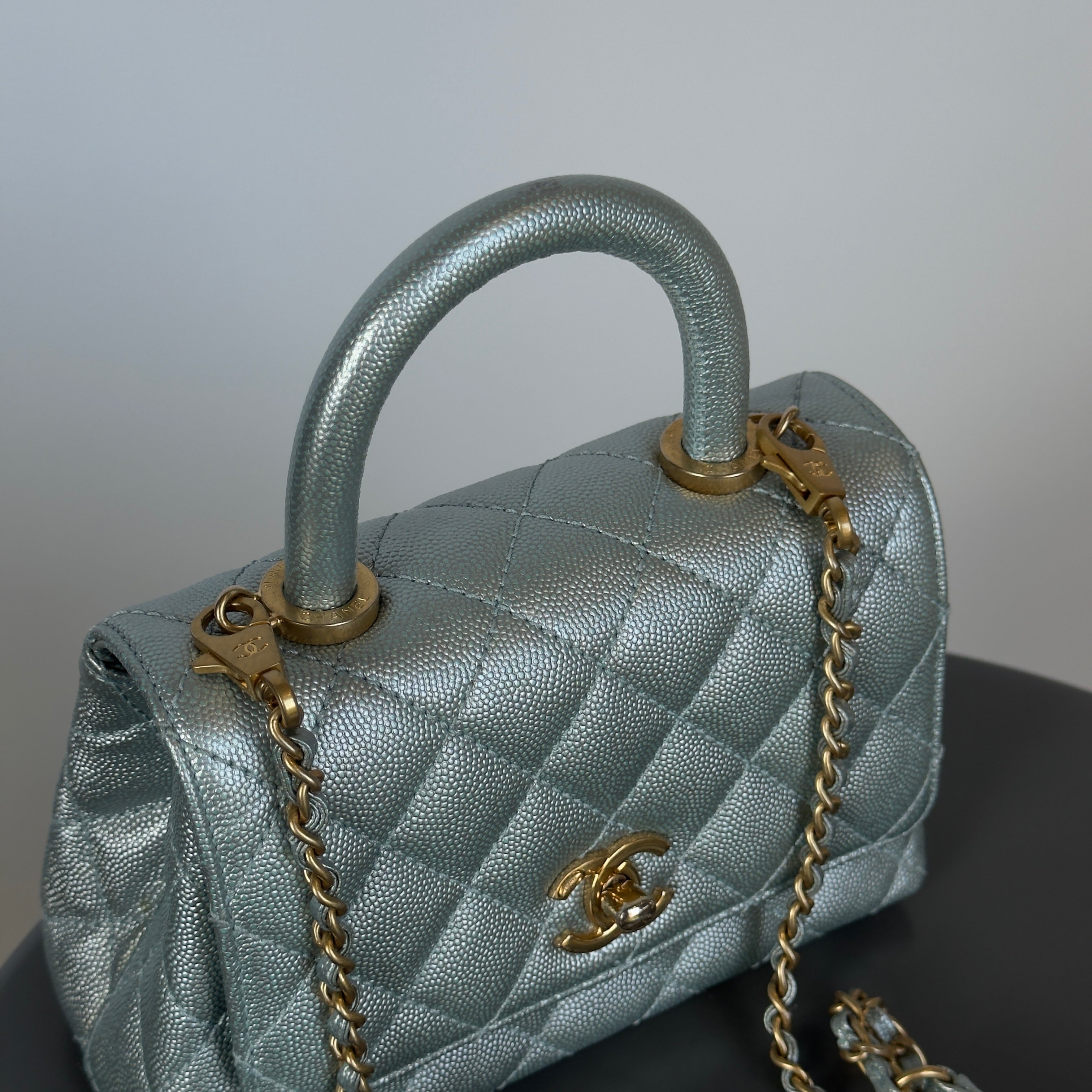 Chanel Metallic Caviar Quilted Mini Coco Handle Flap Light Blue -  Replica Handbags 