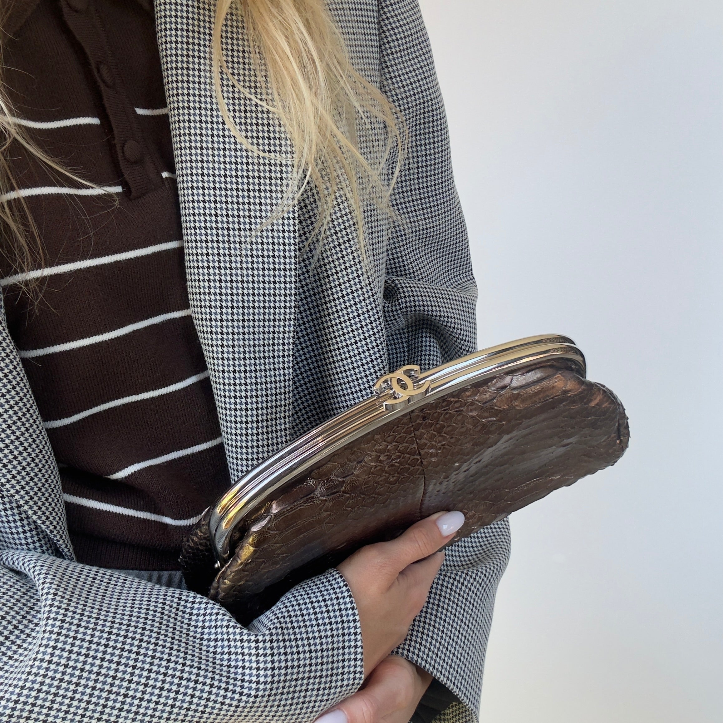 Chanel Metallic Python Timeless Clutch Khaki -  Replica Handbags 